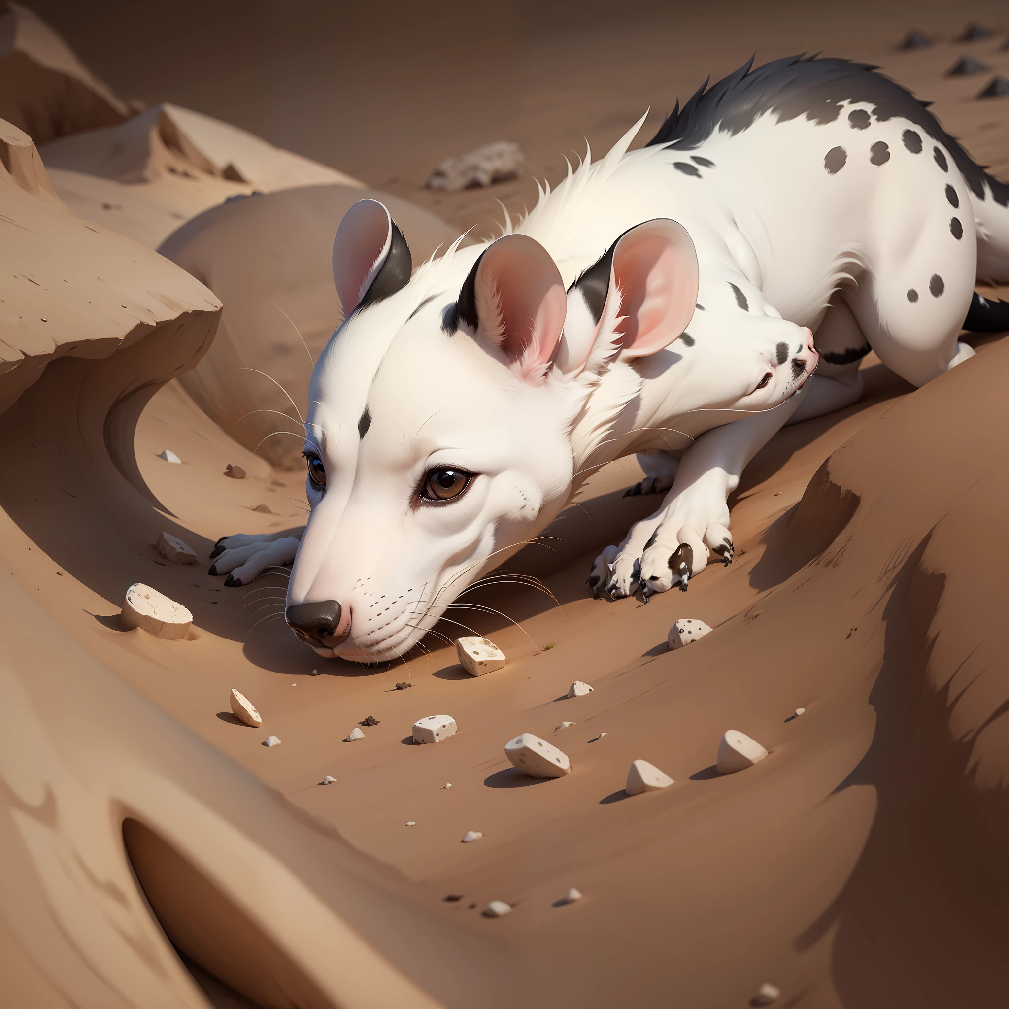 A white rat terrier dog with black spots burying a T-Rex bone --auto --s2