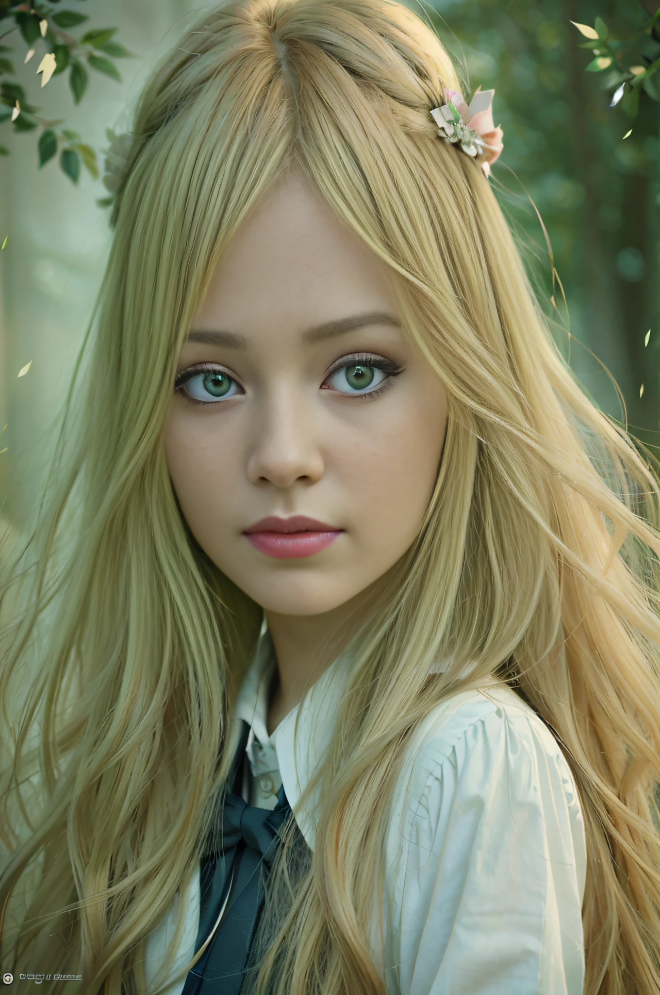 https://i.imgur.com/35dteuC.jpg A charming blonde-haired girl with blue eyes poses for a photo, with her long golden hair and large, expressive eyes. His face has a natural beauty, as if it were taken from an anime, with delicate and harmonious features. She evokes the image of Japanese female characters, such as Lalisa Manobal, with a soft and radiant portrait like those of Ilya Kuvshinov. The shot is carried out in high resolution, capturing every detail of her blonde hair and captivating eyes. The young woman wears a pink bow on her head, adding a charming touch to her look. His face is depicted from the front, with a serious and confident facial expression. --ar 3:2 --c 12 --s 574 --q 2,