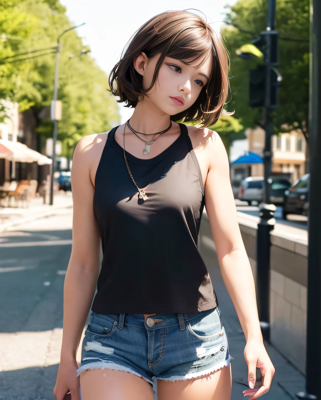 ((medium breast, tomboy girls, small head)), daylight, sunlight, (chiseled abs : 1.1), (perfect body : 1.1), (short wavy hair : 1.2) , auburn hair, collar, chain, full body shot, crowded street, wearing black tanktop, jeans jacket, ((shorts)), (extremely detailed CG 8k wallpaper), (an extremely delicate and beautiful), (masterpiece), (best quality:1.0), (ultra highres:1.0),  beautiful lighting ,perfect lightning, realistic shadows, [highres], detailed skin, ultra-detailed
