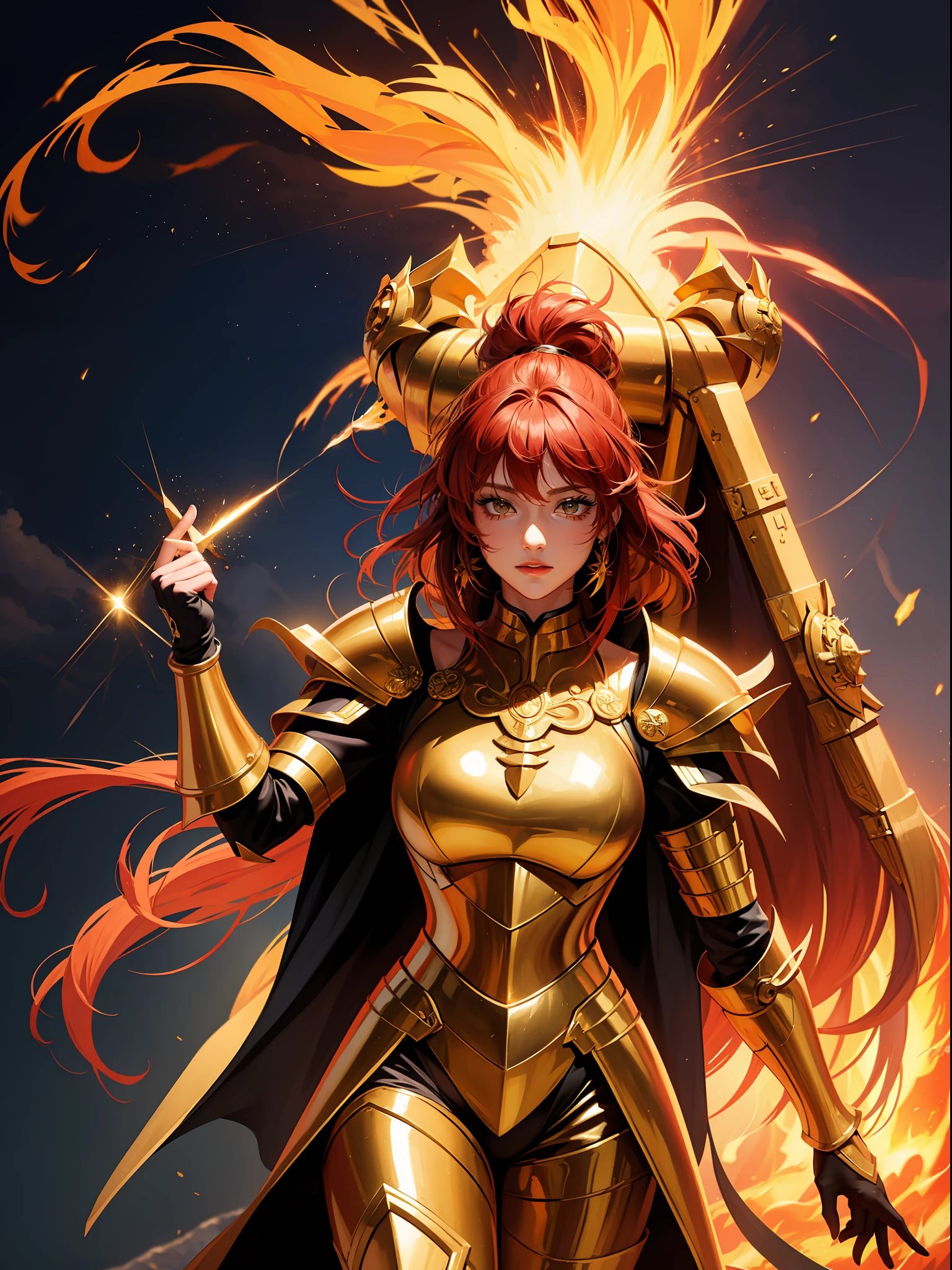 (masterpiece), (best quality), (1girl), girl in golden armor, cool pose, battle field background, fire background, saint seiya armor, messy hair