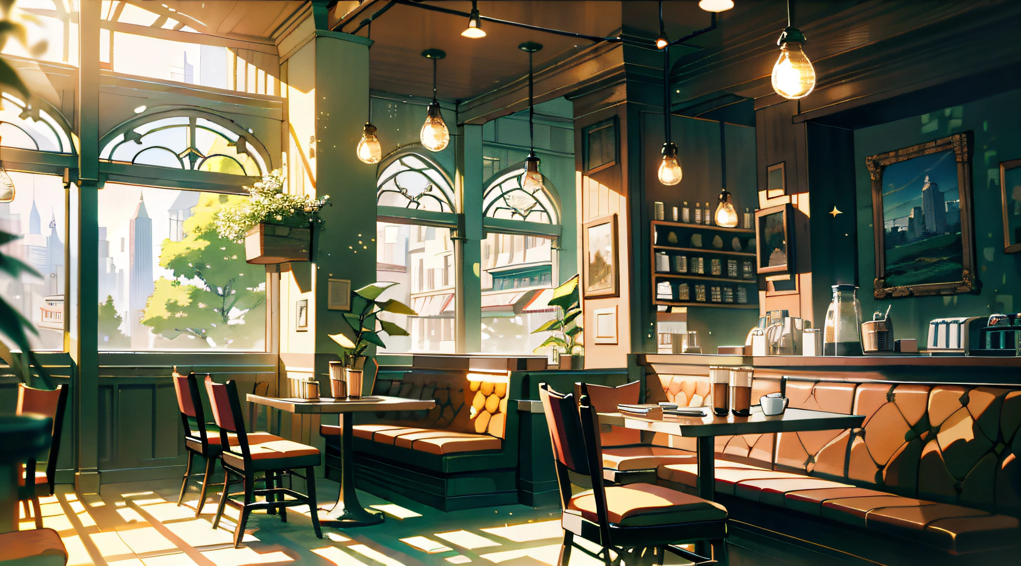(At a city coffee shop), (cozy and comfortable seating), (spacious and large), (stylish lighting), (empty), (dappled lighting), (noon-time), (Ultra-detailed anime-style landscape Wallpaper).