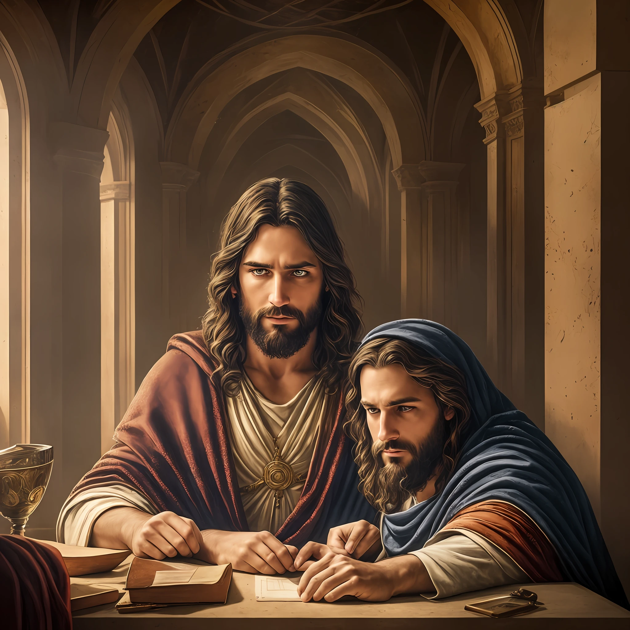 JESUS CHRIST with Two Disciples in Jerusalem Photo Dark: Epic Realistic, Soft Cinematic Portrait, Adobe Lightroom, Photo Lab, Highly Detailed, Faded, Art by Greg Rutkowski and Artgerm ,Neutral Colors: 1.2), (HDR: 1.4) , (soft colors:1.2), hyperdetailed, (artstation:1.4), cinematic, warm lights, dramatic light, (intricate detail:1.1), complex background, (rutkowski:0.66), (blue and orange:0.4) --auto --s2