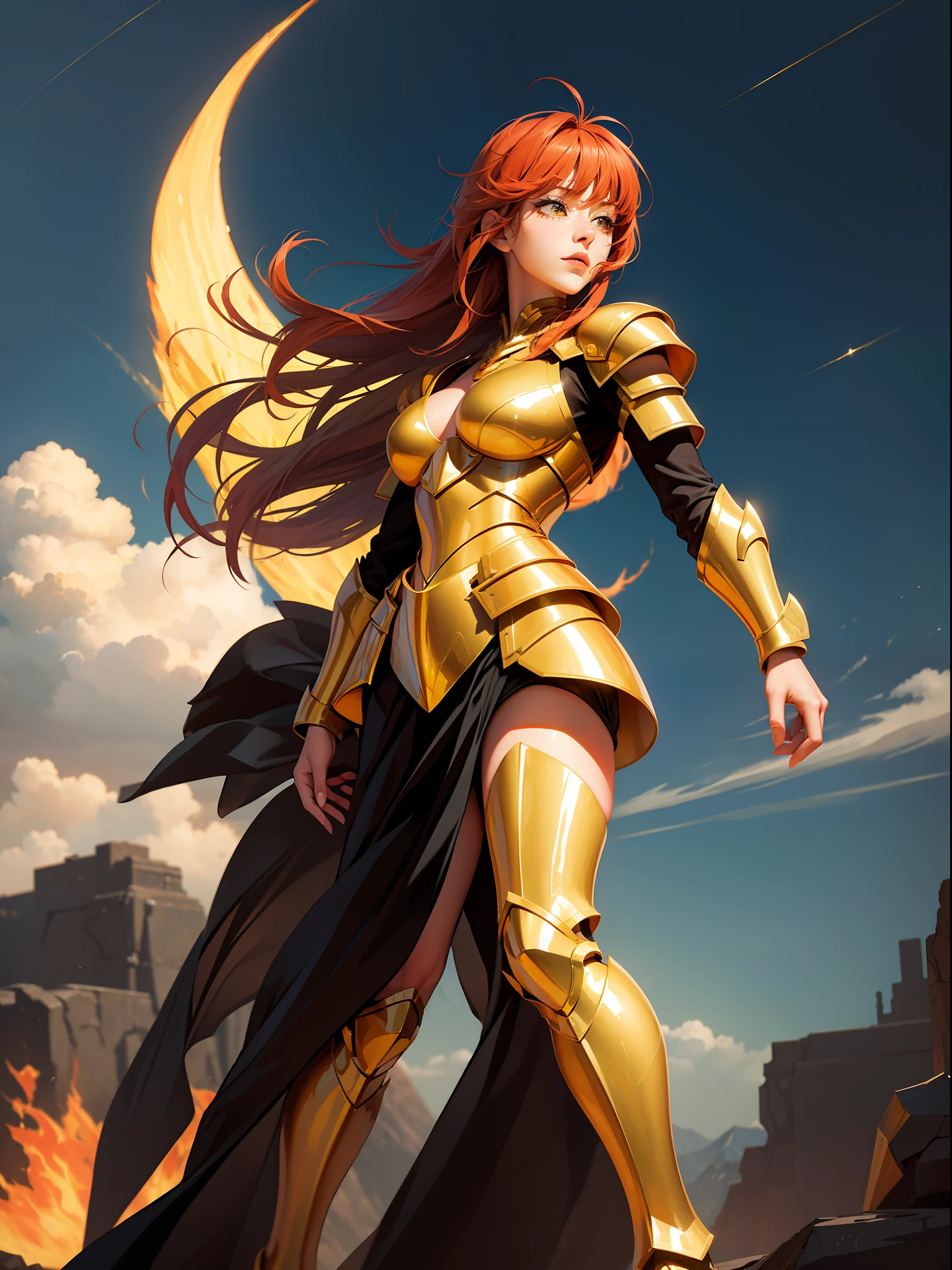 (masterpiece), (best quality), (1girl), girl in golden armor, cool pose, battle field background, fire background, saint seiya armor, messy hair