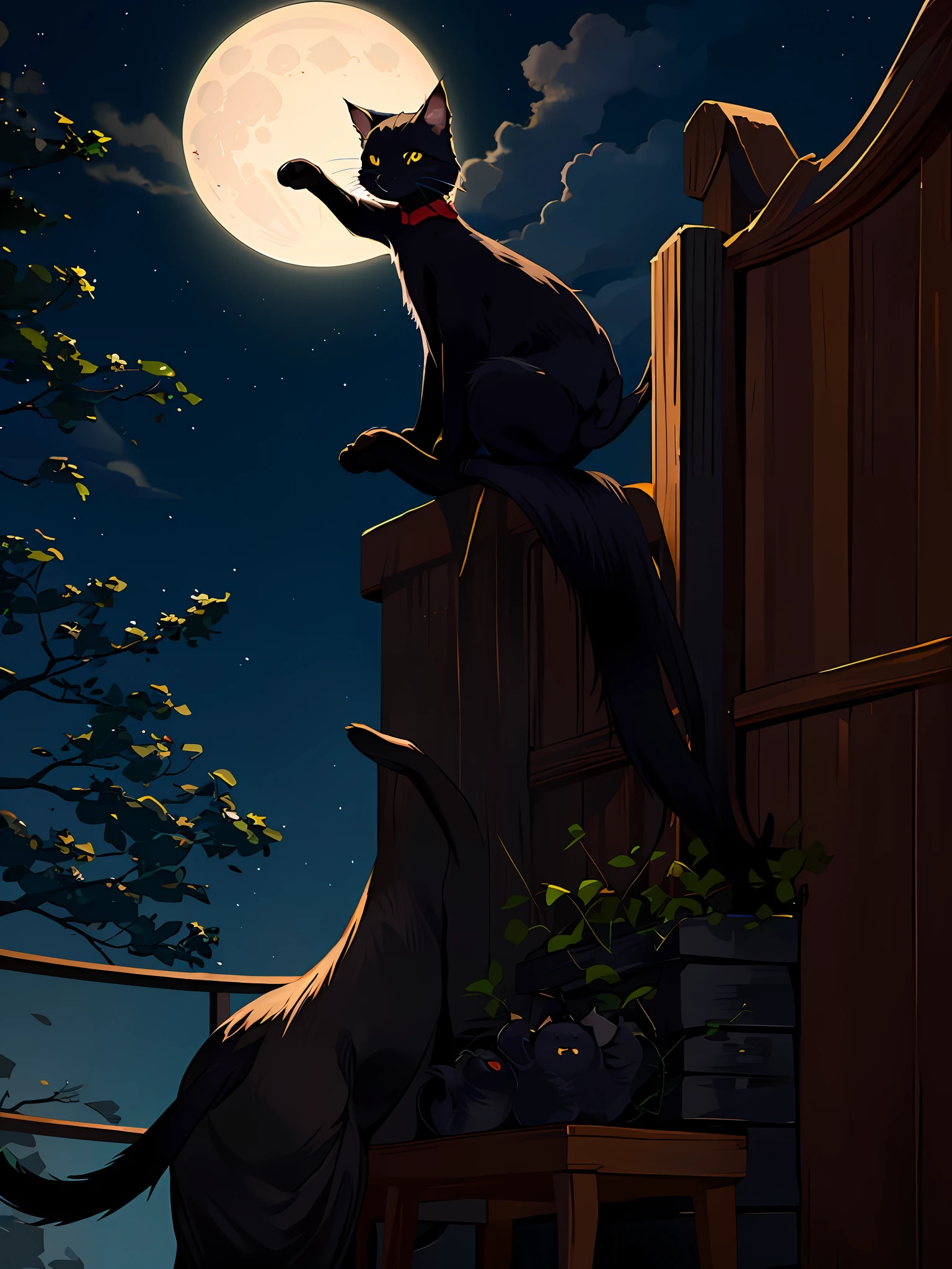 Black cat looking at the moon