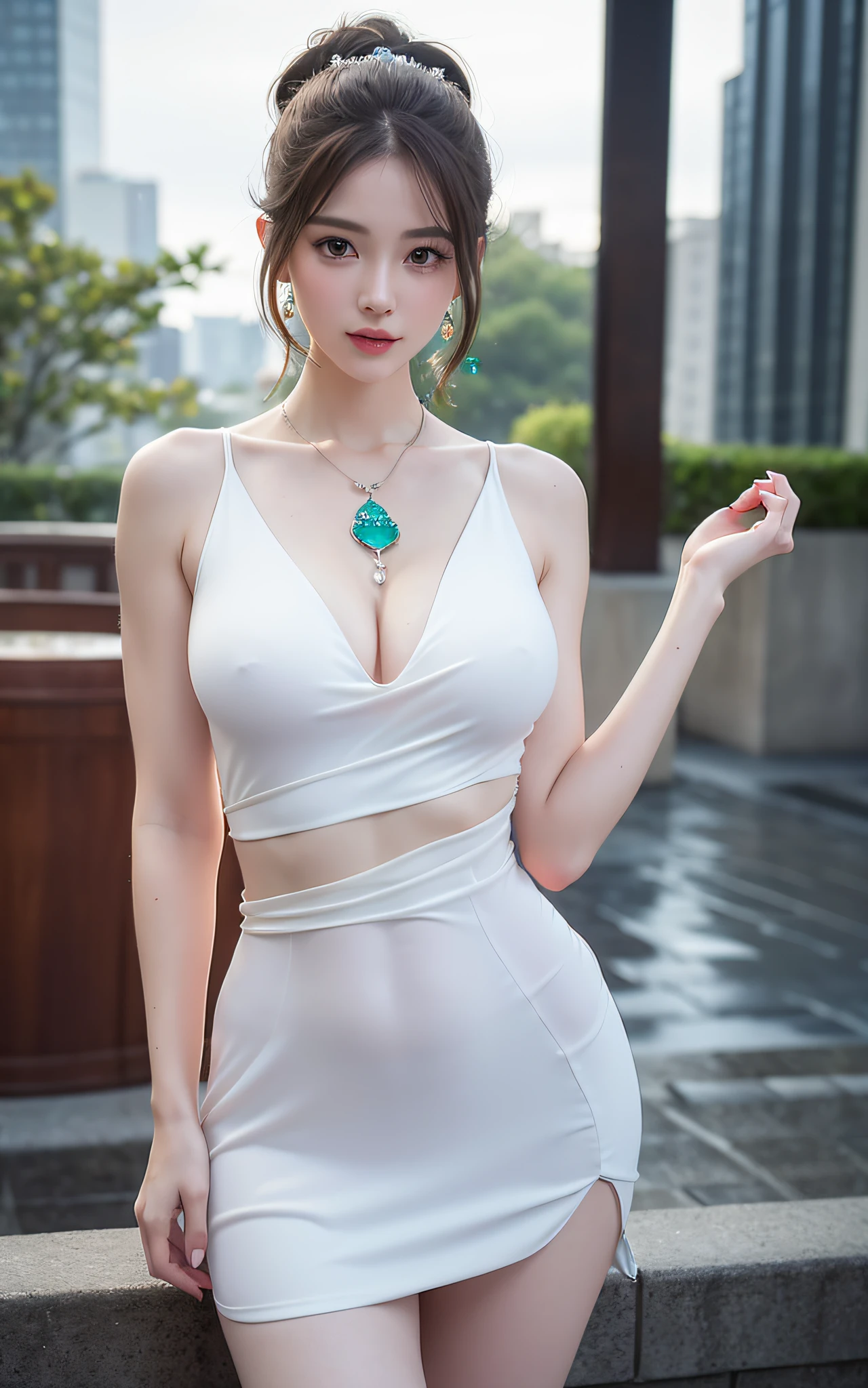 Random posture, (An extremely delicate and beautiful work), (masterpiece), 1girl, a girl in a white dress, highly detailed, waist leaking, ponytail contorted, charming expression, beautiful and clear eyes, green eye pupil, delicate necklace, delicate earrings, fairy ears, simple blurred background, extreme detail description, beautiful, charming, ultra-fine painting, delicate face, delicate figure, Fine collarbones, lovely lips, beautiful breasts, soft behind,mix4,(8k, RAW photo, best quality, masterpiece:1.2), (realistic, photo-realistic:1.37),1girl,cute,cityscape, night, rain, wet, professional lighting, photon mapping, radiosity, physically-based rendering,