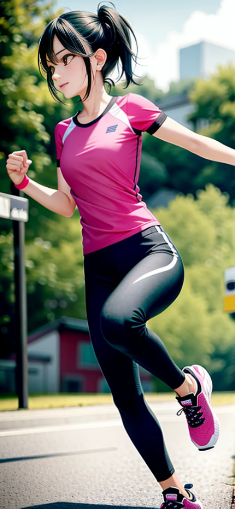 Woman running in park in pink shirt and black pants, wearing fitness gear, posing, girl running, sports clothes, sports clothes, girl running, running free, dynamic active running pose!, Yasutomo Oka, advertising photo, cottage core!! Fitness body, advertising image, waist up