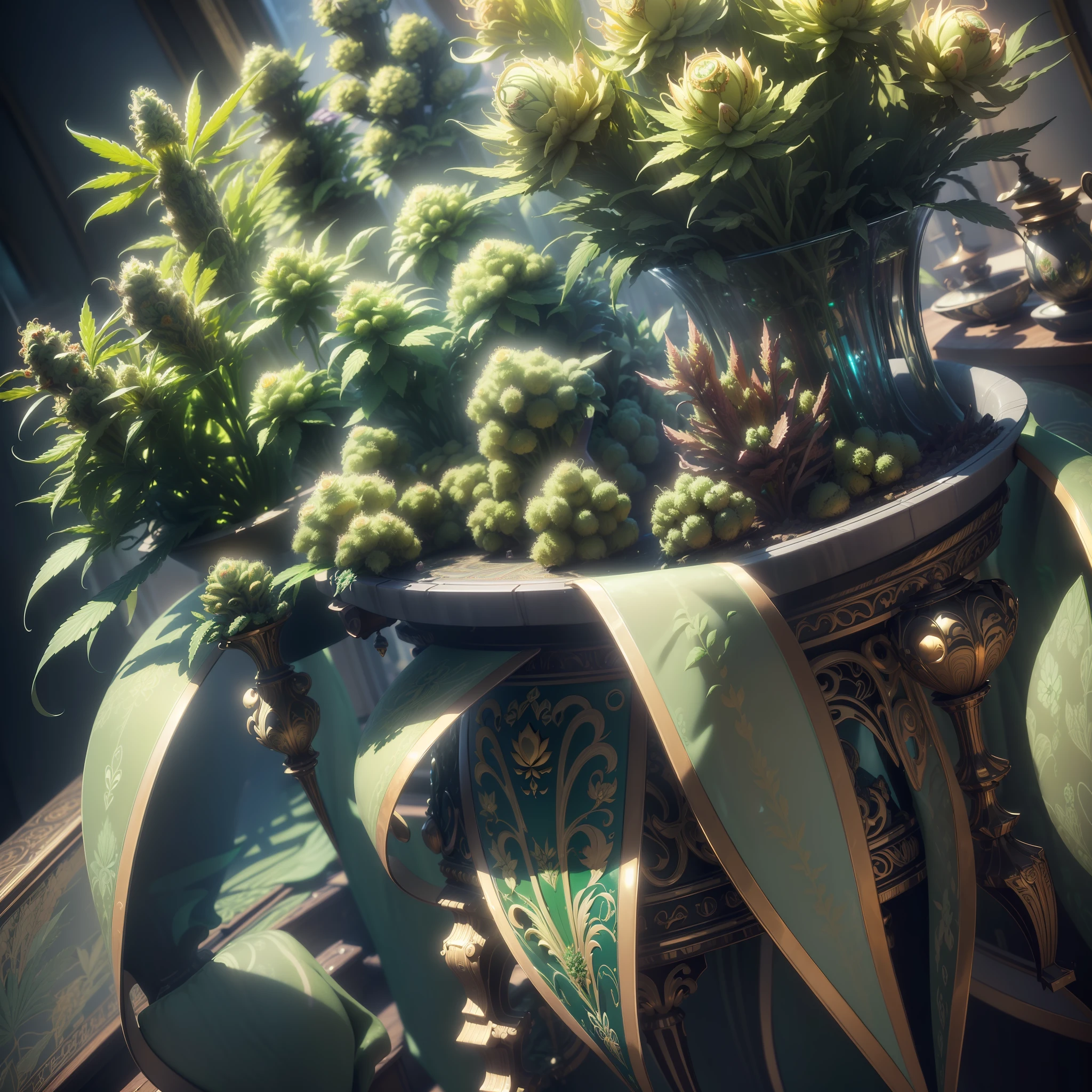 masterpiece, top quality, best quality, official art, beautiful and aesthetic: 1.2), (panta:s of marijuana 3m futuristic vases1.3), extremely detailed, colorful, more detailed (((ultra-detailed)), (highly detailed CG illustration), ((an extremely delicate and beautiful),,cinematic light, an indoor marijuana grow, elegant and futuristic, some cats on site