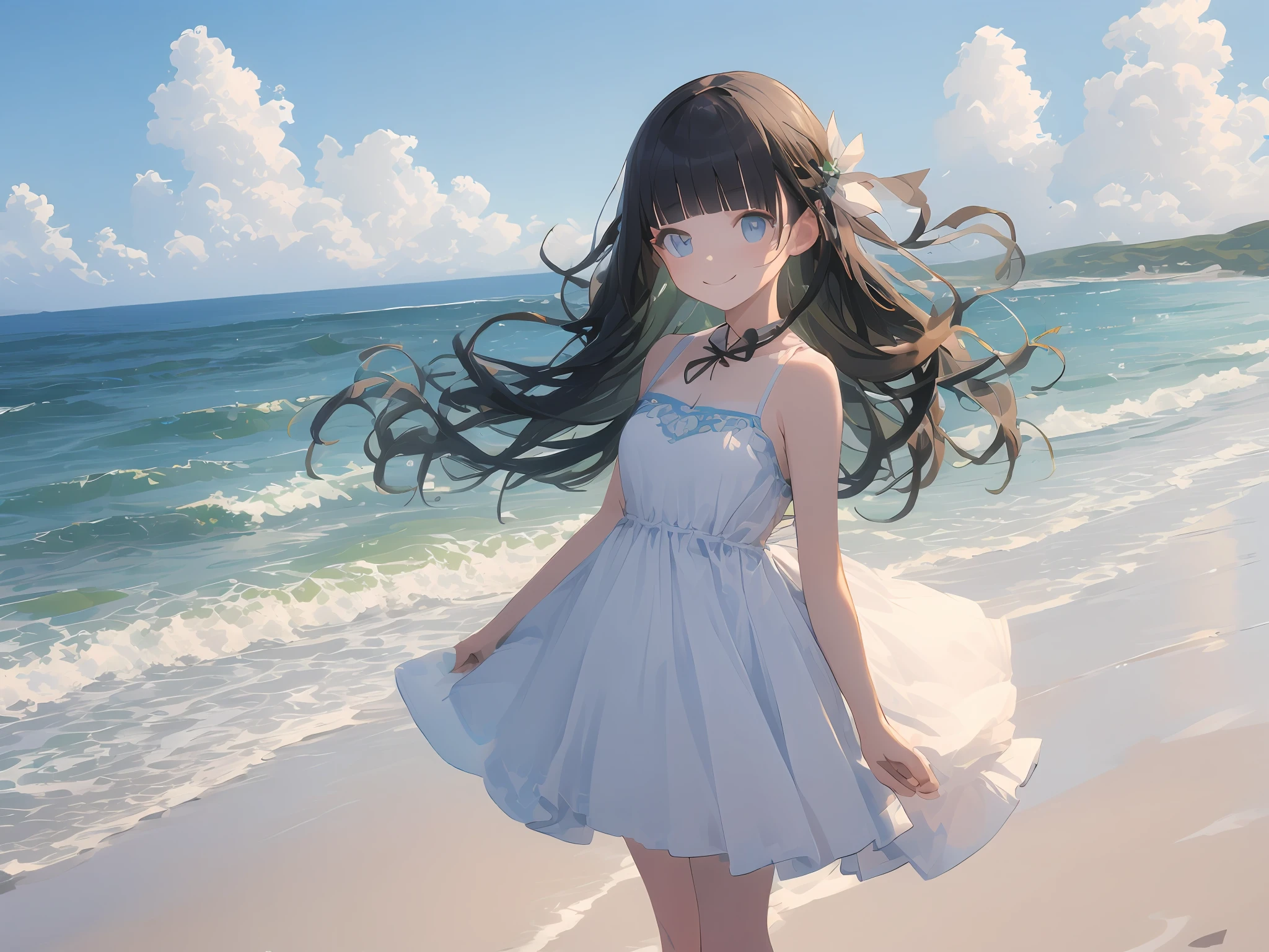 (masterpiece, best quality), 1girl, very long hair, solo, sidelocks, white dress, smile, blunt bangs, sundres, outdoors, black hair, ocean, beach, blue eyes, standing, sky, sleeveless dress, day, blush, small breasts, feet out of frame, bare shoulders, cloud