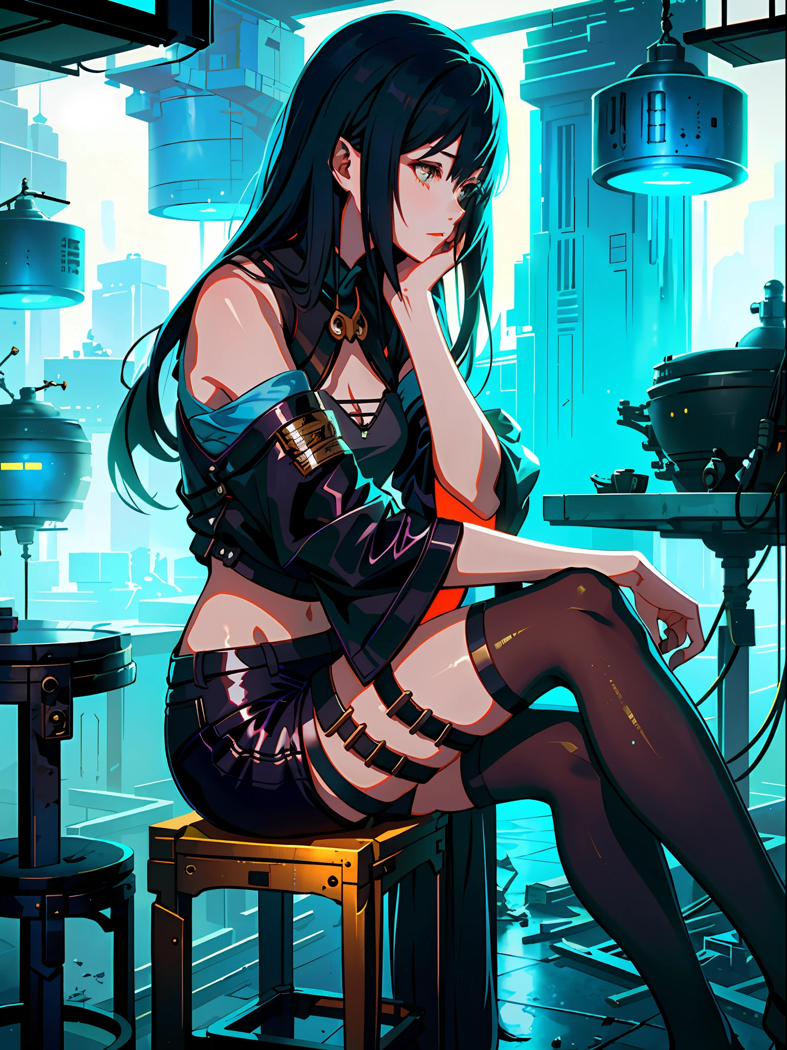 Girl sitting on a stool in front of a dilapidated wall, digital art on Pixiv, Ross Tran, Pop in artstation pixiv, Guweiz in Artstation pixiv, Guweiz on pixiv Art Station, Guweiz, Ross Tran. Shady lab background