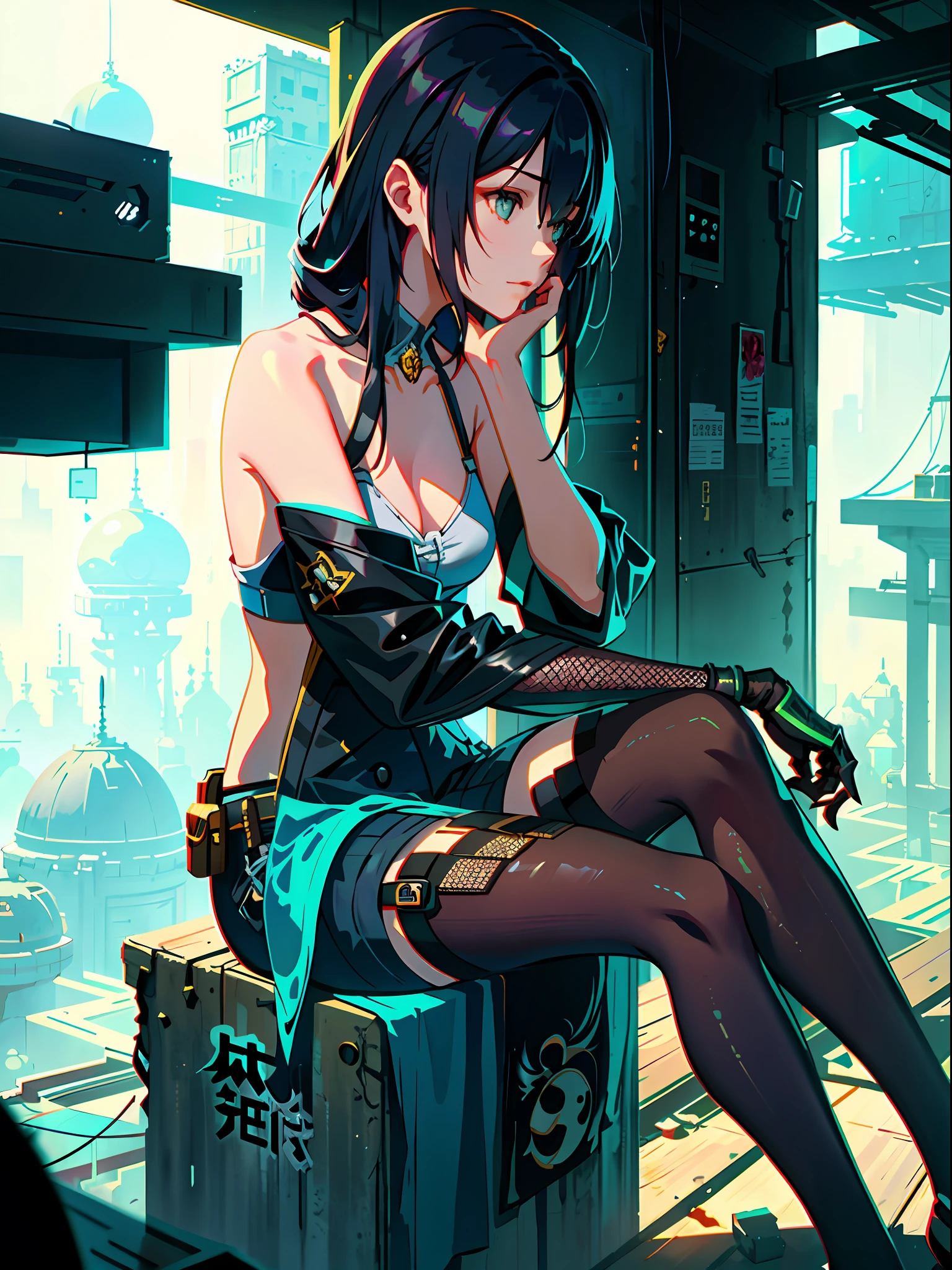 Girl sitting on a stool in front of a dilapidated wall, digital art on Pixiv, Ross Tran, Pop in artstation pixiv, Guweiz in Artstation pixiv, Guweiz on pixiv Art Station, Guweiz, Ross Tran. Shady lab background