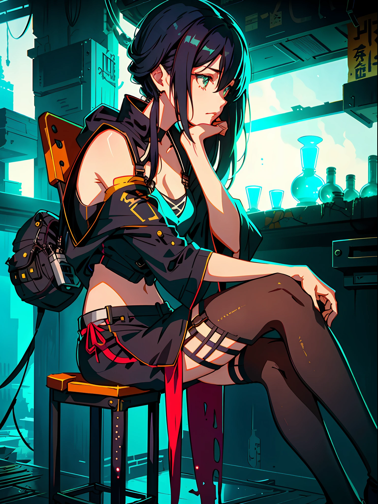 Girl sitting on a stool in front of a dilapidated wall, digital art on Pixiv, Ross Tran, Pop in artstation pixiv, Guweiz in Artstation pixiv, Guweiz on pixiv Art Station, Guweiz, Ross Tran. Shady lab background