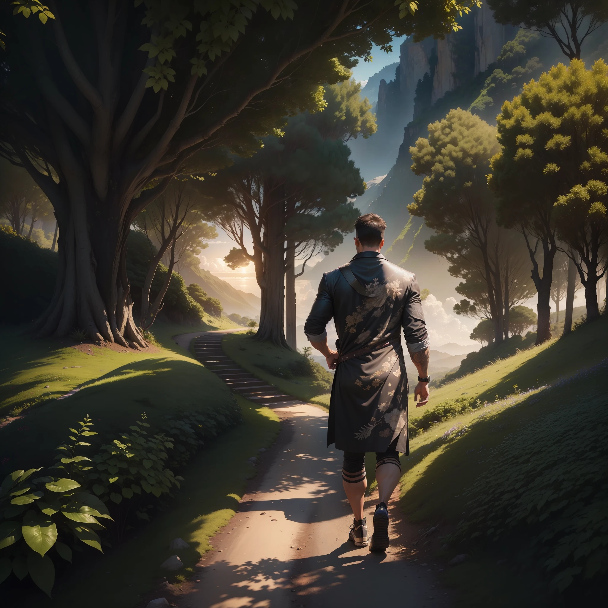 man, landscape, nature, mountains, paths, path, path to heavens, palm trees, alone, alone, straight path, natural view, divine, clouds, cloud, heavens, sky, sun, detailed sky, path to, back, manly, manly, manly, vigorous, strong, well dressed, tunic, decent, walk, run, path, beauty path, life path, nature, beautiful place, paradise, back, walking, looking at the straight path,  Direction photorealism, photorealistic, Ultra HD, 4K, detailed textures, futuristic colors, detailed colors,