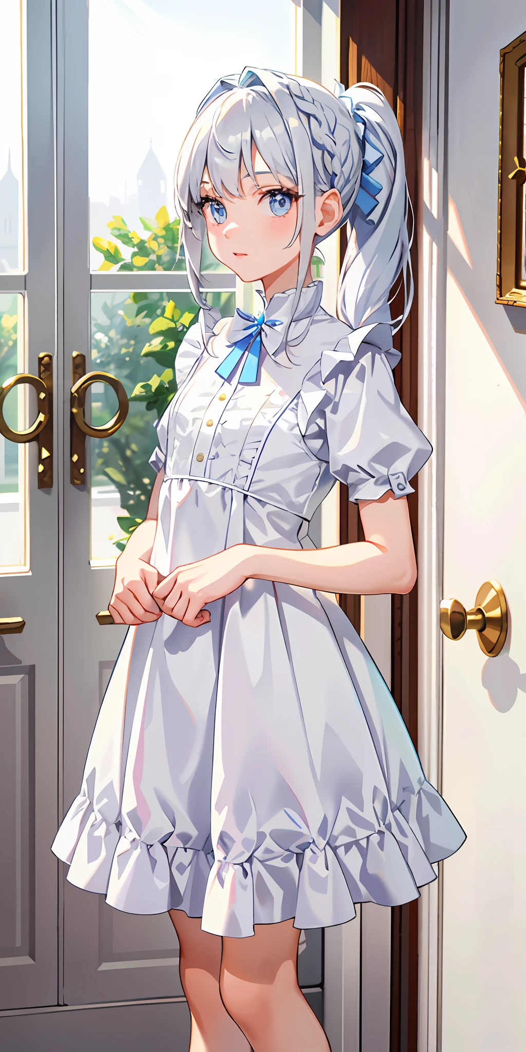 Masterpiece: 1.6, Best Quality: 1.4, Live Image: 1.2, Intricate Details: 1.2, Charturnerv2: 1.2, Appearance: 12 years old girl: 1.25, Thin: 1.3, Light blue eyes, micro breasts, delicate eyes, quality eyes, Clothing: White cute rabbit T-shirt, white socks and white silk each Accessories: white necklace, florets in hair, hair: silver hair, double ponytail, makeup: natural, shiny skin, standing at the door of the room Some distance The face is slightly red and looks at you