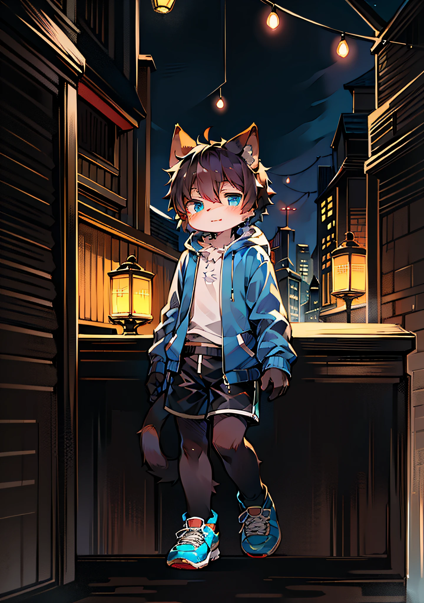 (Dark Environment: 0.8), Masterpiece, High Quality, Abstract Res, Digital Painting\(artwork\), by Dagasi, Yupa, Kiyosan, (Anthro, Fluffy Fur, Character Focus: 1.1), Anthro Male Cat, Short Hair, Portrait , bright eyes, panorama, character focus. (Detailed background: 0.7), solo, furry, furry male, cat, black fur, gray pattern, blue coat, fluffy shorts, blue eyes, black hair, wearing shoes