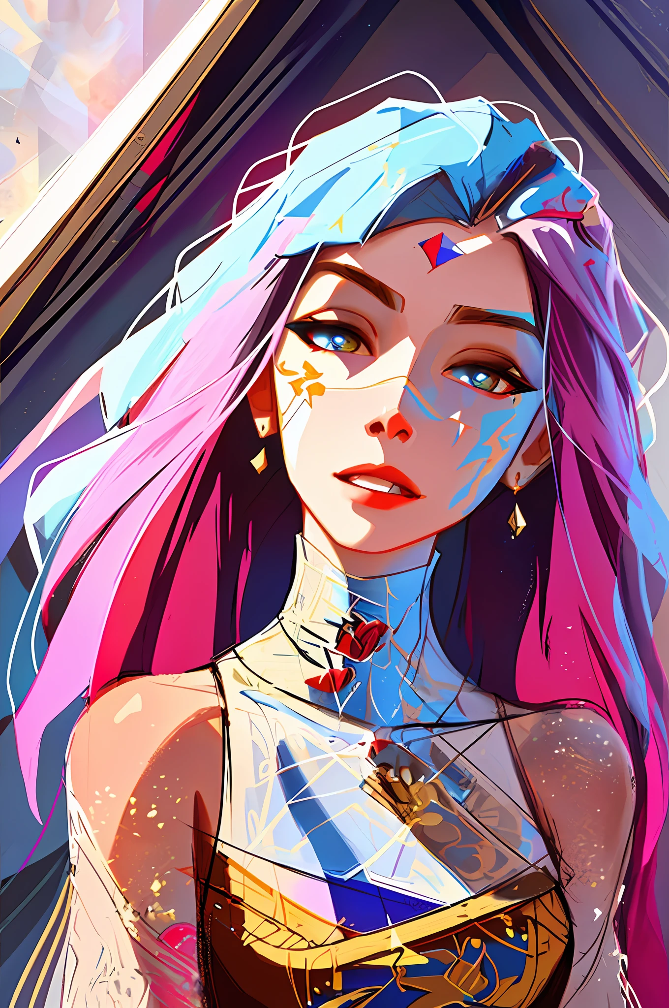 (symmetry:1.1) (portrait of floral:1.05) a woman as a beautiful goddess, (assassins creed style:0.8), pink and gold and opal color scheme, beautiful intricate filegrid facepaint, intricate, elegant, highly detailed, digital painting, artstation, concept art, smooth, sharp focus, illustration, art by greg rutkowski and alphonse mucha, 8k