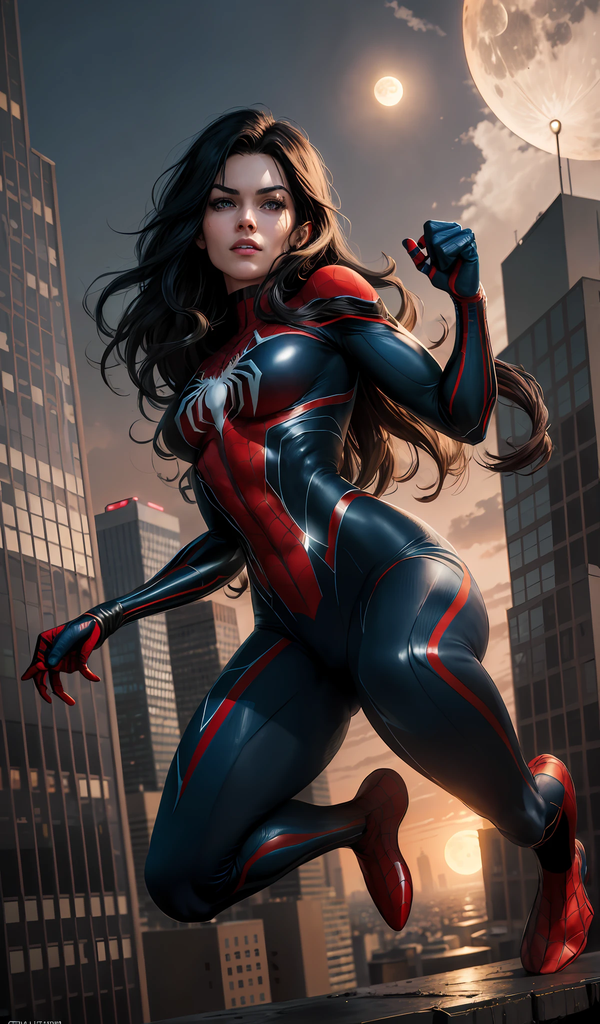 (Masterpiece, 4k resolution, ultra-realistic, very detailed), (superhero theme, charismatic, there's a girl on top of town, wearing Spider-Man costume, she's a superhero), [ ((25 years), (long black hair:1.2), full body, (blue eyes:1.2), ((Spider-Man pose),show of strength, jumping from one building to another), ((sandy urban environment):0.8)| (cityscape, at night, dynamic lights), (full moon))] # Explanation: The Prompt mainly describes a 4K painting of ultra-high definition, very realistic, very detailed. It shows a superheroine at the top of the city, wearing a Spider-Man costume. The theme in the painting is a superhero theme, the female protagonist has long black hair, is 25 years old and her entire body is shown in the painting. In terms of portraying the actions of superheroines, spiders are employed