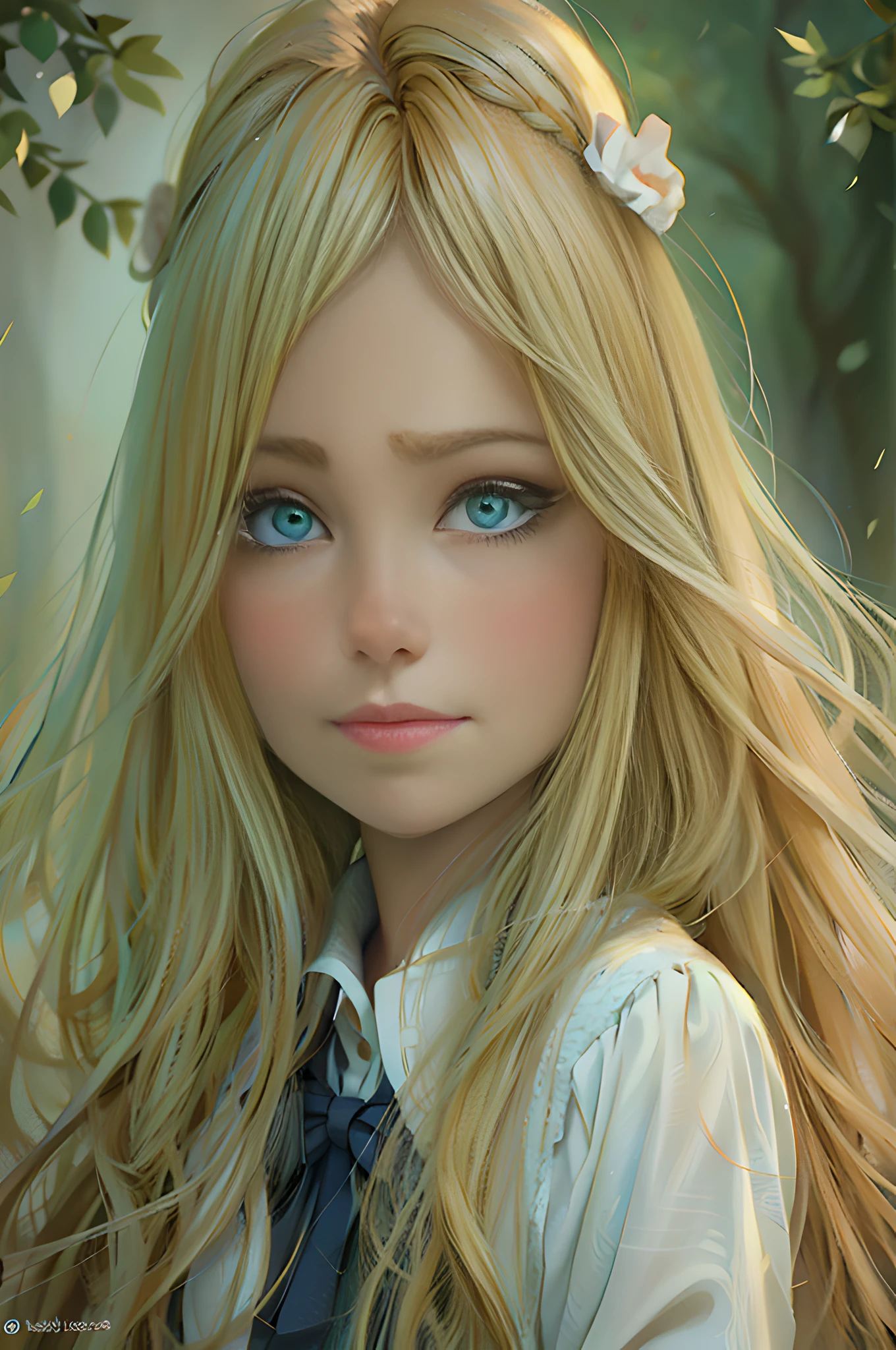 https://i.imgur.com/35dteuC.jpg A charming blonde-haired girl with blue eyes poses for a photo, with her long golden hair and large, expressive eyes. His face has a natural beauty, as if it were taken from an anime, with delicate and harmonious features. She evokes the image of Japanese female characters, such as Lalisa Manobal, with a soft and radiant portrait like those of Ilya Kuvshinov. The shot is carried out in high resolution, capturing every detail of her blonde hair and captivating eyes. The young woman wears a pink bow on her head, adding a charming touch to her look. His face is depicted from the front, with a serious and confident facial expression. --ar 3:2 --c 12 --s 574 --q 2,