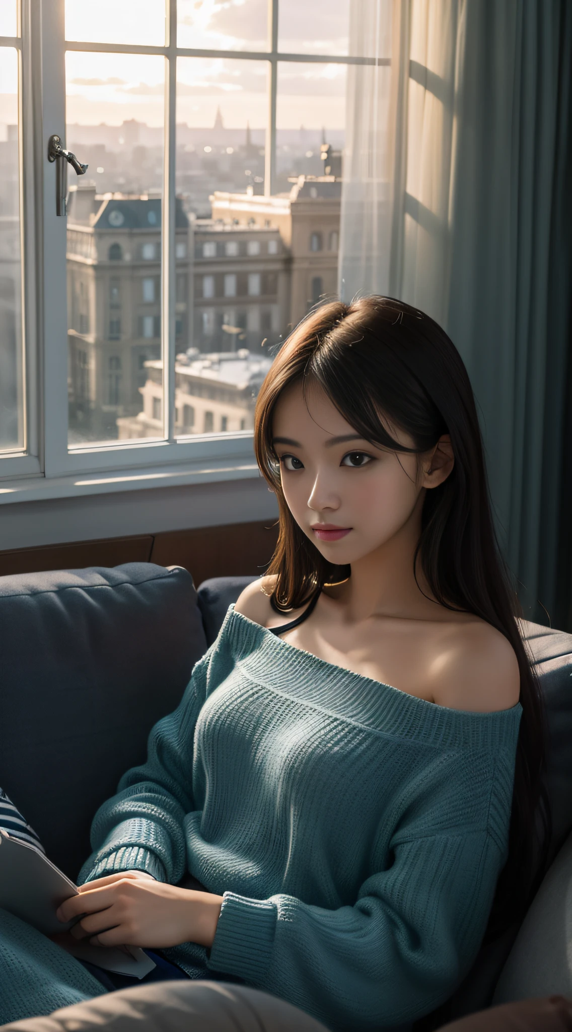 relaxed girl on the sofa at amazing classical grand living through window city view, blue hour, sun rays