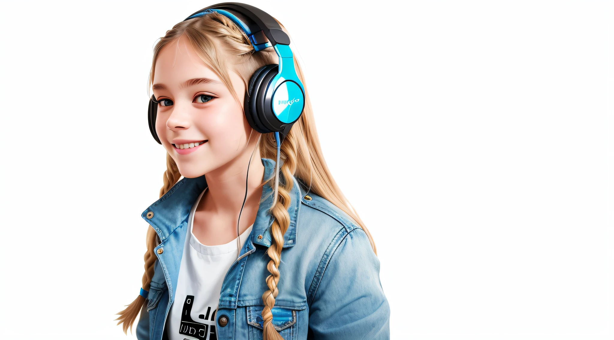 girl 12 years, blonde long hair of braids,portrait, with headphones in smiling and holding hands up, blue leather jacket, girl wearing headphones, listening to music, wearing headphones, with headphones, with headphones, wearing a headset, vibrating with music, listening to pious music, wearing headphones, Using headset for gaming, tinnitus, high quality portrait, headphones on, digital art H 9 6 0, (white background: 1.3).