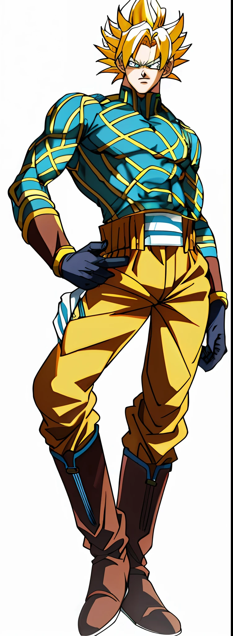 super saiyan, yellow hair, DIO, blue hat, blue shirt with white stripes, pants, dark brown boots, gloves,