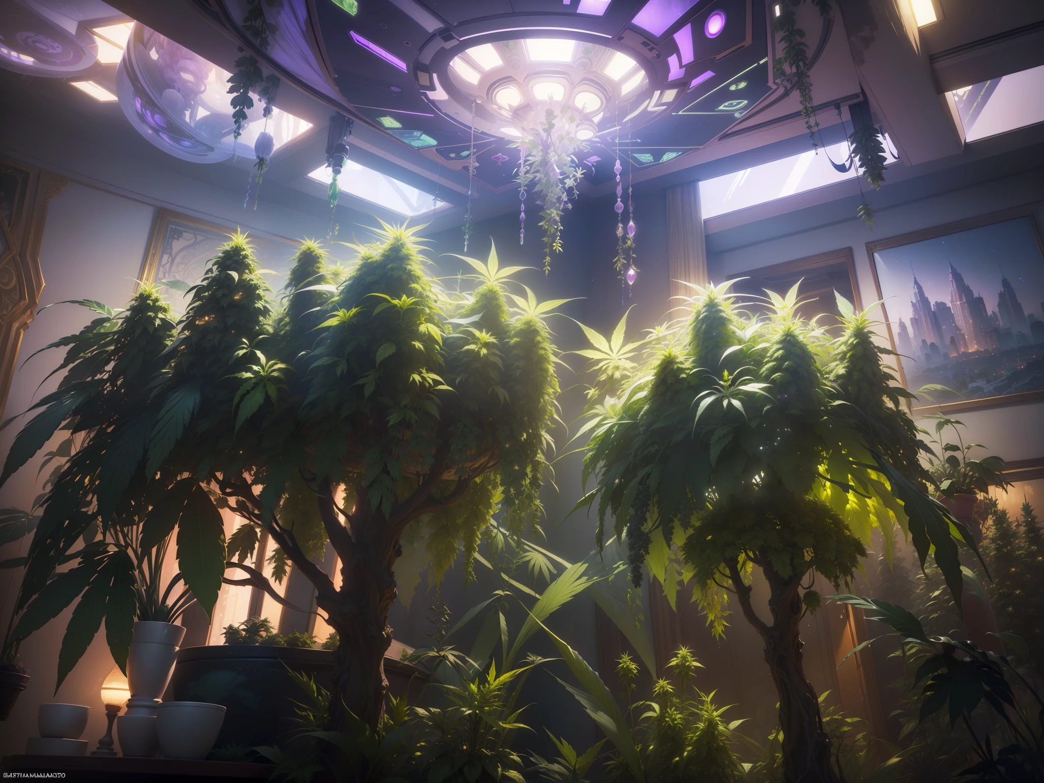 masterpiece, top quality, best quality, official art, beautiful and aesthetic: 1.2), (panta:s of marijuana 3m futuristic vases1.3), extremely detailed, colorful, more detailed (((ultra-detailed)), (highly detailed CG illustration), ((an extremely delicate and beautiful)),,cinematic light, an indoor marijuana grow, elegant and futuristic