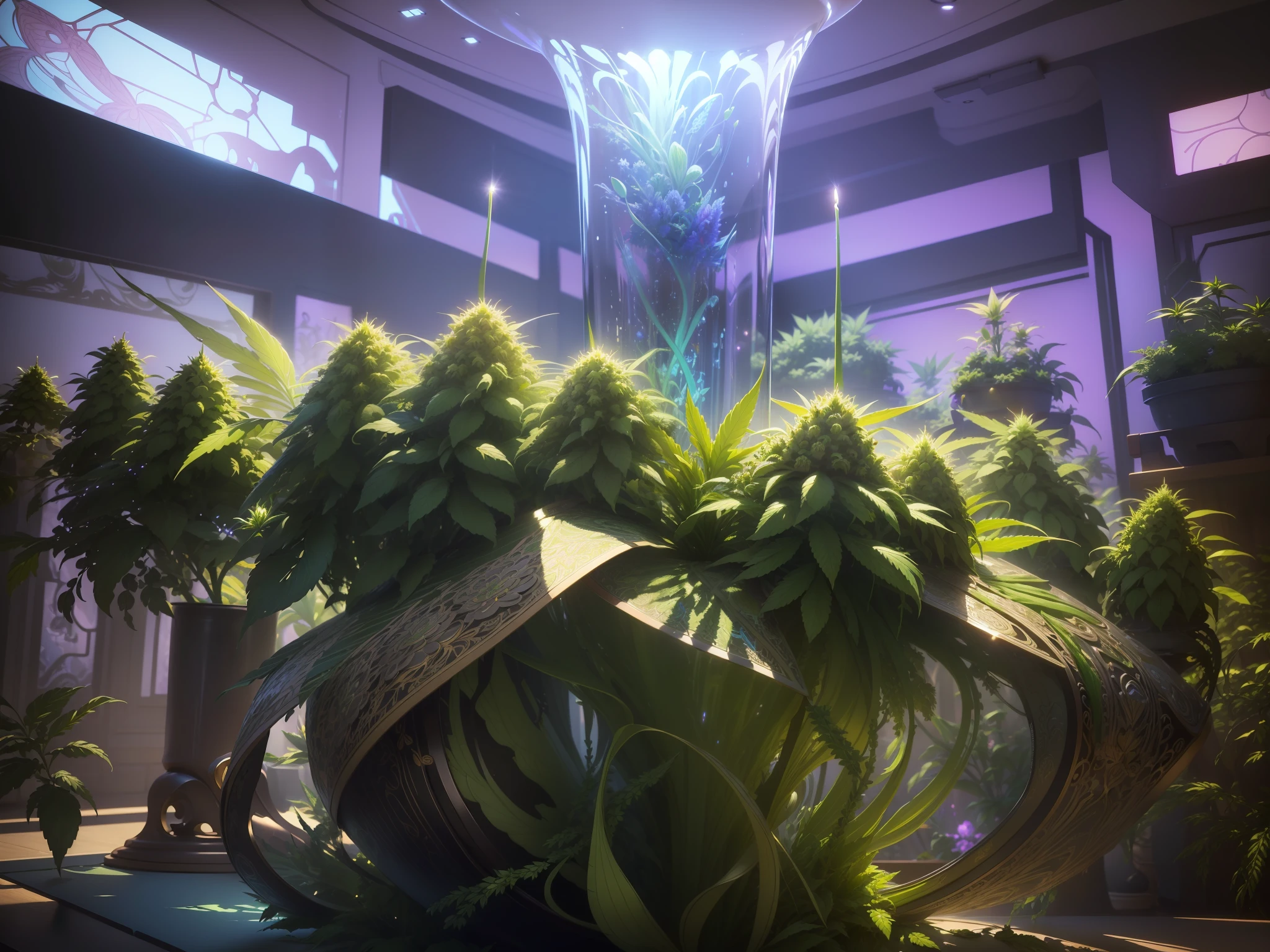 masterpiece, top quality, best quality, official art, beautiful and aesthetic: 1.2), (panta:s of marijuana 3m futuristic vases1.3), extremely detailed, colorful, more detailed (((ultra-detailed)), (highly detailed CG illustration), ((an extremely delicate and beautiful)),,cinematic light, an indoor marijuana grow, elegant and futuristic
