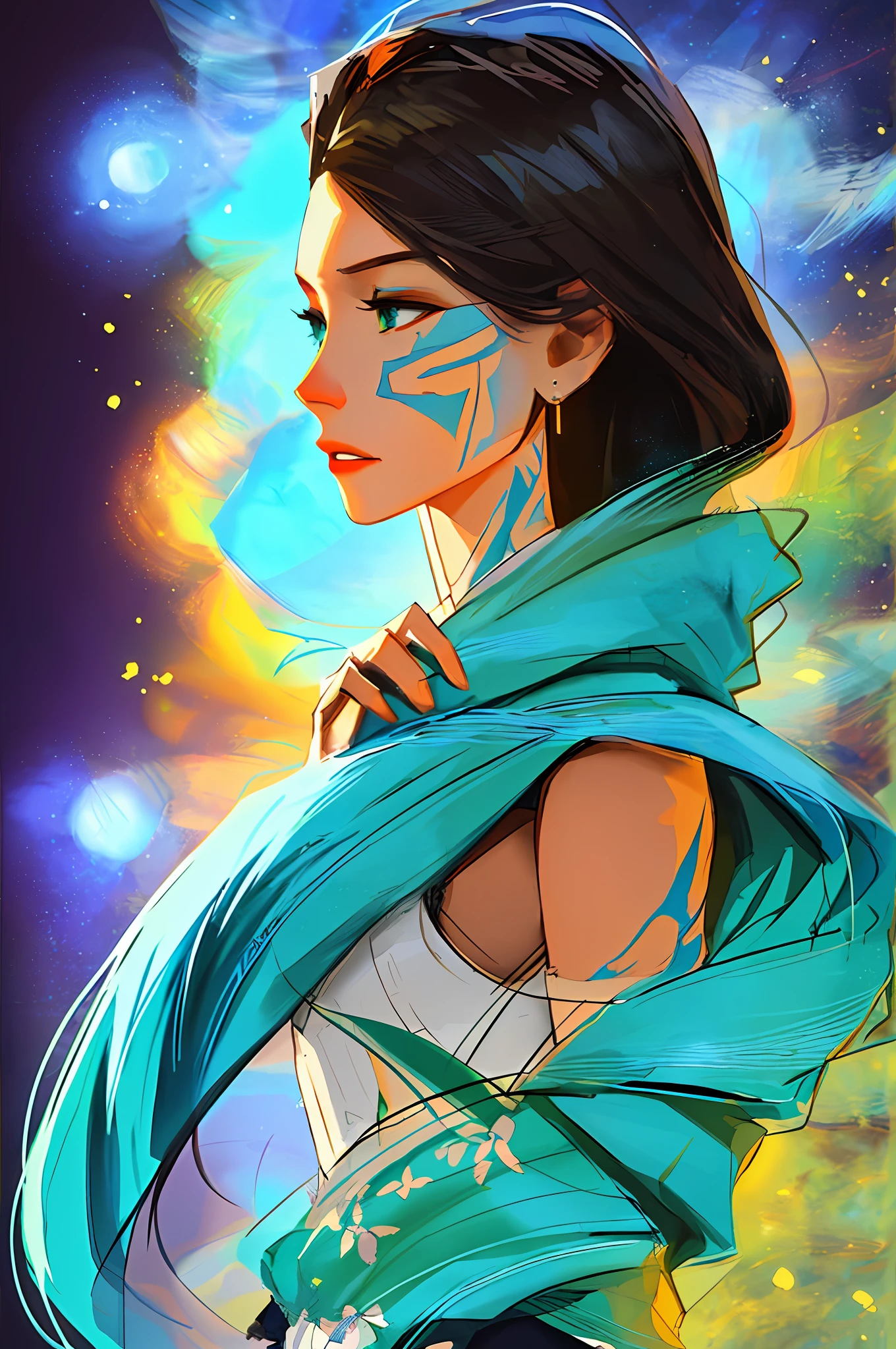 (symmetry: 1.1) (Floral Portrait: 1.05) A Woman as a Beautiful Sorceress, (Assassin's Creed style: 0.8), Teal and Black and Opal color scheme, beautiful and intricate Filegrid face painting, intricate, elegant, highly detailed, digital painting, art station, concept art, smooth, sharp focus, illustration, art by Greg Rutkowski and Alphonse Mucha, 8K