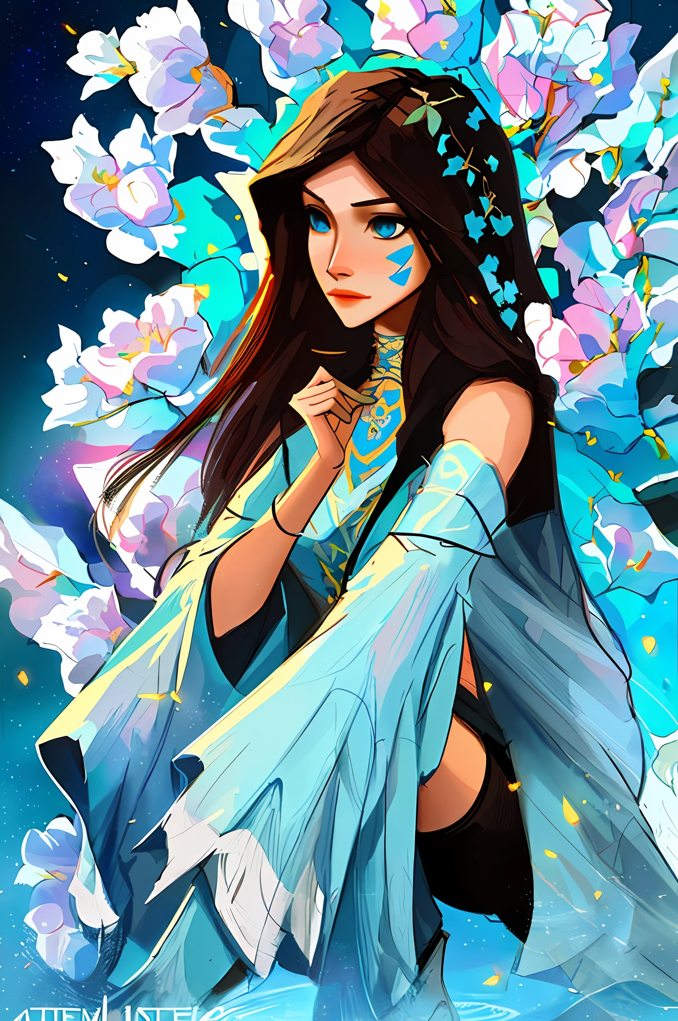 (symmetry: 1.1) (Floral Portrait: 1.05) A Woman as a Beautiful Sorceress, (Assassin's Creed style: 0.8), Teal and Black and Opal color scheme, beautiful and intricate Filegrid face painting, intricate, elegant, highly detailed, digital painting, art station, concept art, smooth, sharp focus, illustration, art by Greg Rutkowski and Alphonse Mucha, 8K