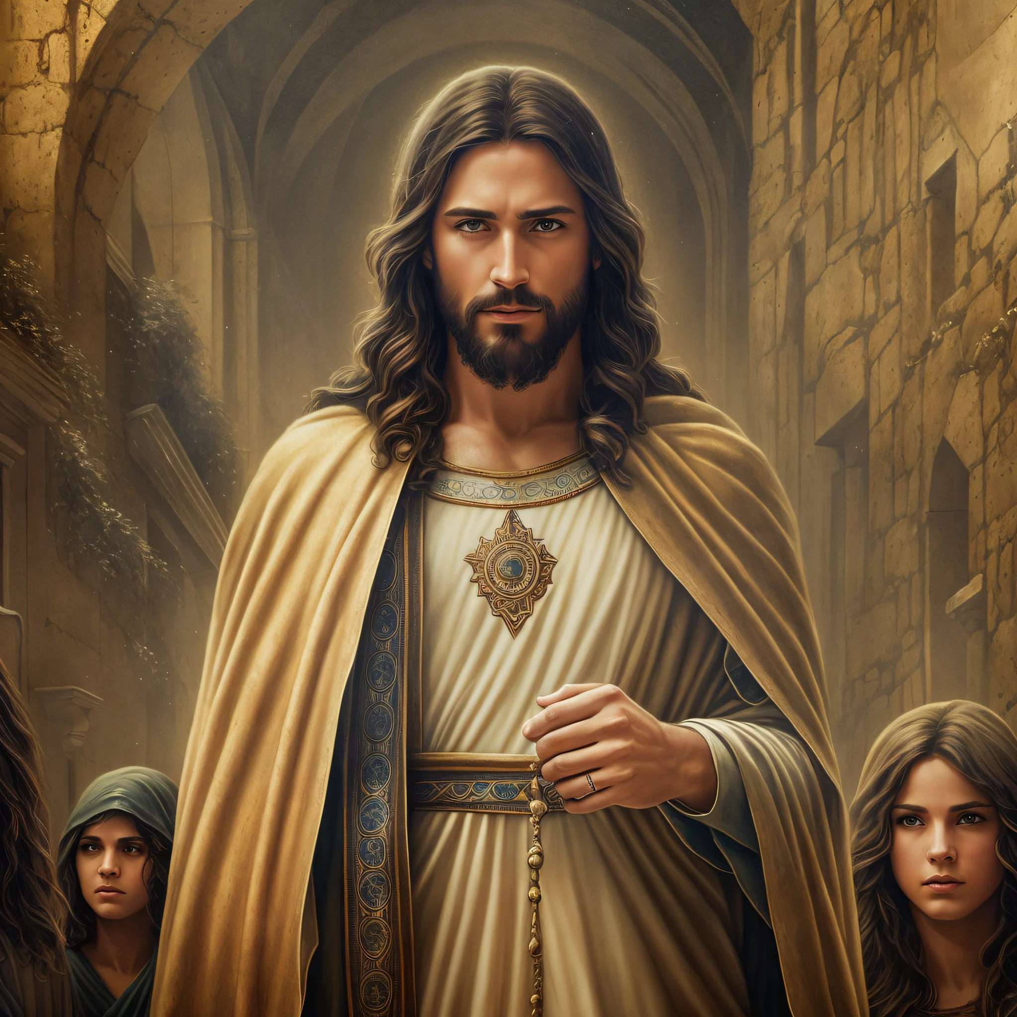 JESUS CHRIST with Two Disciples in Jerusalem Photo Dark: Epic Realistic, Soft Cinematic Portrait, Adobe Lightroom, Photo Lab, Highly Detailed, Faded, Art by Greg Rutkowski and Artgerm ,Neutral Colors: 1.2), (HDR: 1.4) , (soft colors:1.2), hyperdetailed, (artstation:1.4), cinematic, warm lights, dramatic light, (intricate detail:1.1), complex background, (rutkowski:0.66), (blue and orange:0.4) --auto --s2