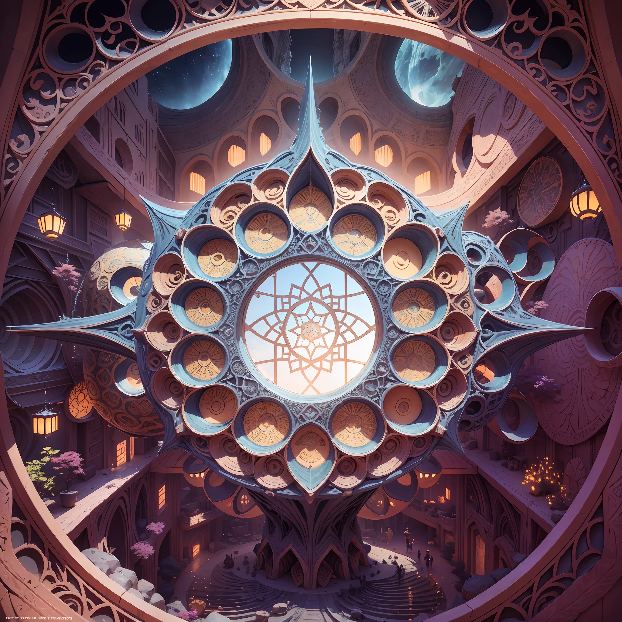 Futuristic Islamic architecture design of cave architecture concept art on desert oasis, islamic architecture, proportional,detailed, cave architecture nature meets futuristic architecture by Toyo Ito ,residential area, futuristic development, high rise balconies, full of rock and glass facades, residential spaces carved from cliff side ,trending on artstation, beautiful lighting,In the style of Arabic calligraphy masterpiece, fantasy, intricate, award winning, 4k, highest quality render --auto --s2