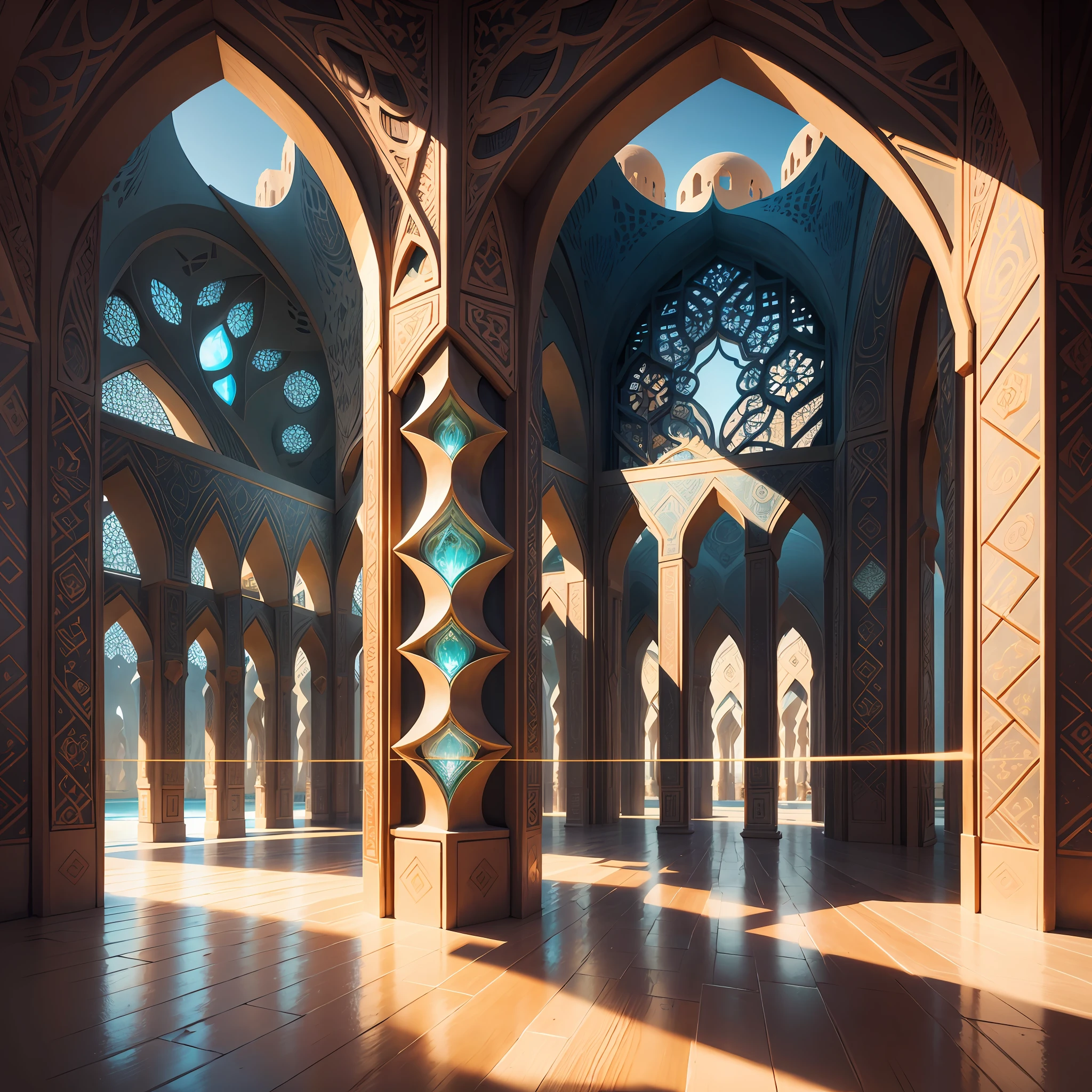Futuristic Islamic architecture design of cave architecture concept art on desert oasis, islamic architecture, proportional,detailed, cave architecture nature meets futuristic architecture by Toyo Ito ,residential area, futuristic development, high rise balconies, full of rock and glass facades, residential spaces carved from cliff side ,trending on artstation, beautiful lighting,In the style of Arabic calligraphy masterpiece, fantasy, intricate, award winning, 4k, highest quality render --auto --s2