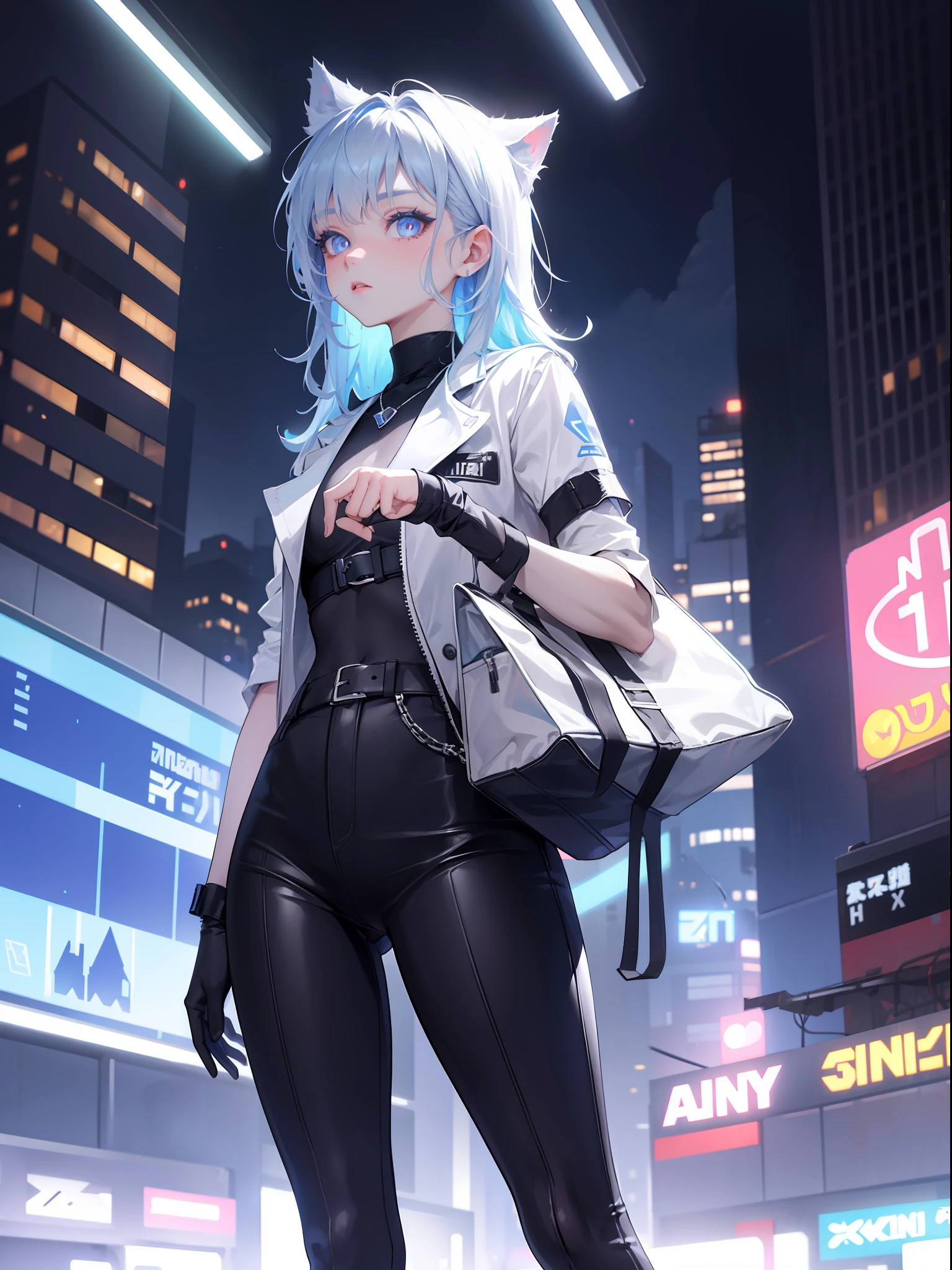Vtvzny, zjfi, a short blue-gray kitten with cool twinkling eyes, the background of the blurry city neon lights and high-rise buildings in the distance highlights his fashion and confidence,