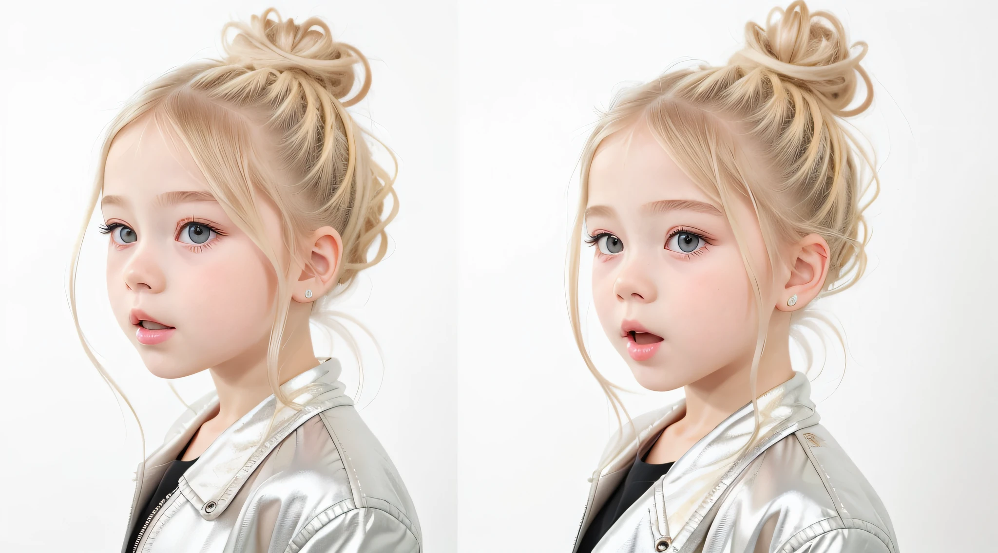 masterpiece, best quality, realistic,  hair BLONDE bun, long hair, SILVER JACKET, broad shoulders, small head, upper body, (white background: 1.3), mouth closed.