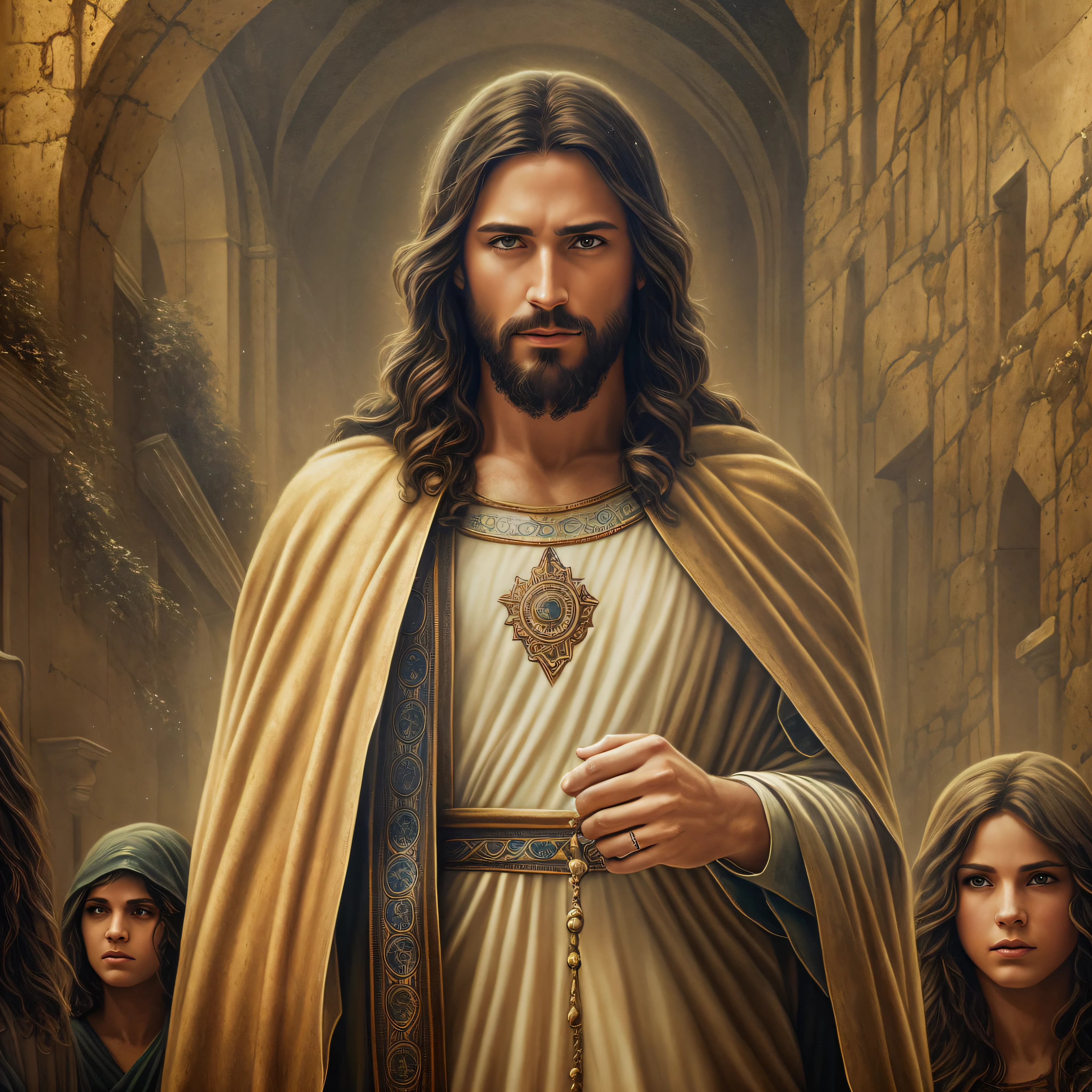 JESUS CHRIST with Two Disciples in Jerusalem Photo Dark: Epic Realistic, Soft Cinematic Portrait, Adobe Lightroom, Photo Lab, Highly Detailed, Faded, Art by Greg Rutkowski and Artgerm ,Neutral Colors: 1.2), (HDR: 1.4) , (soft colors:1.2), hyperdetailed, (artstation:1.4), cinematic, warm lights, dramatic light, (intricate detail:1.1), complex background, (rutkowski:0.66), (blue and orange:0.4) --auto --s2