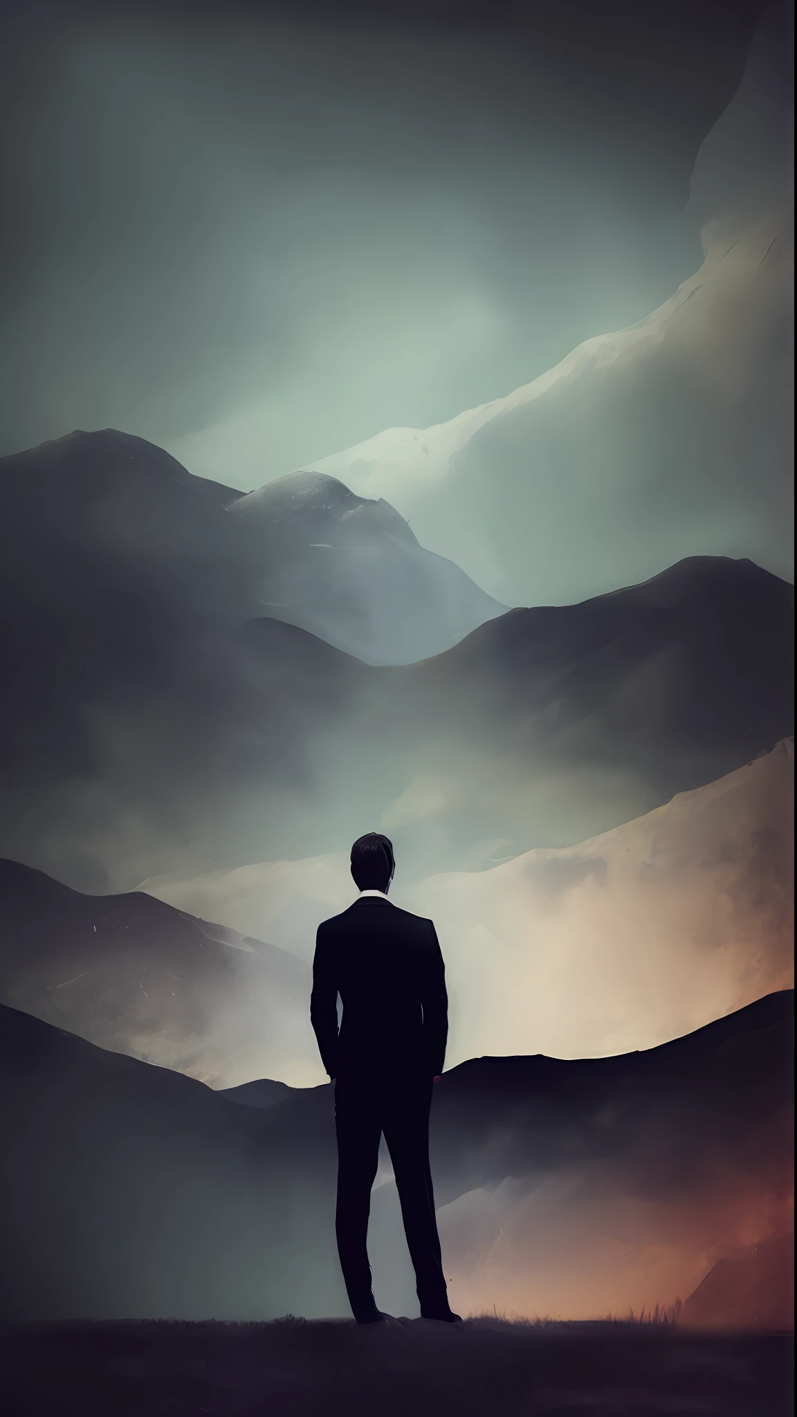 Man in suit on his back, looking at a dark landscape, abstract art