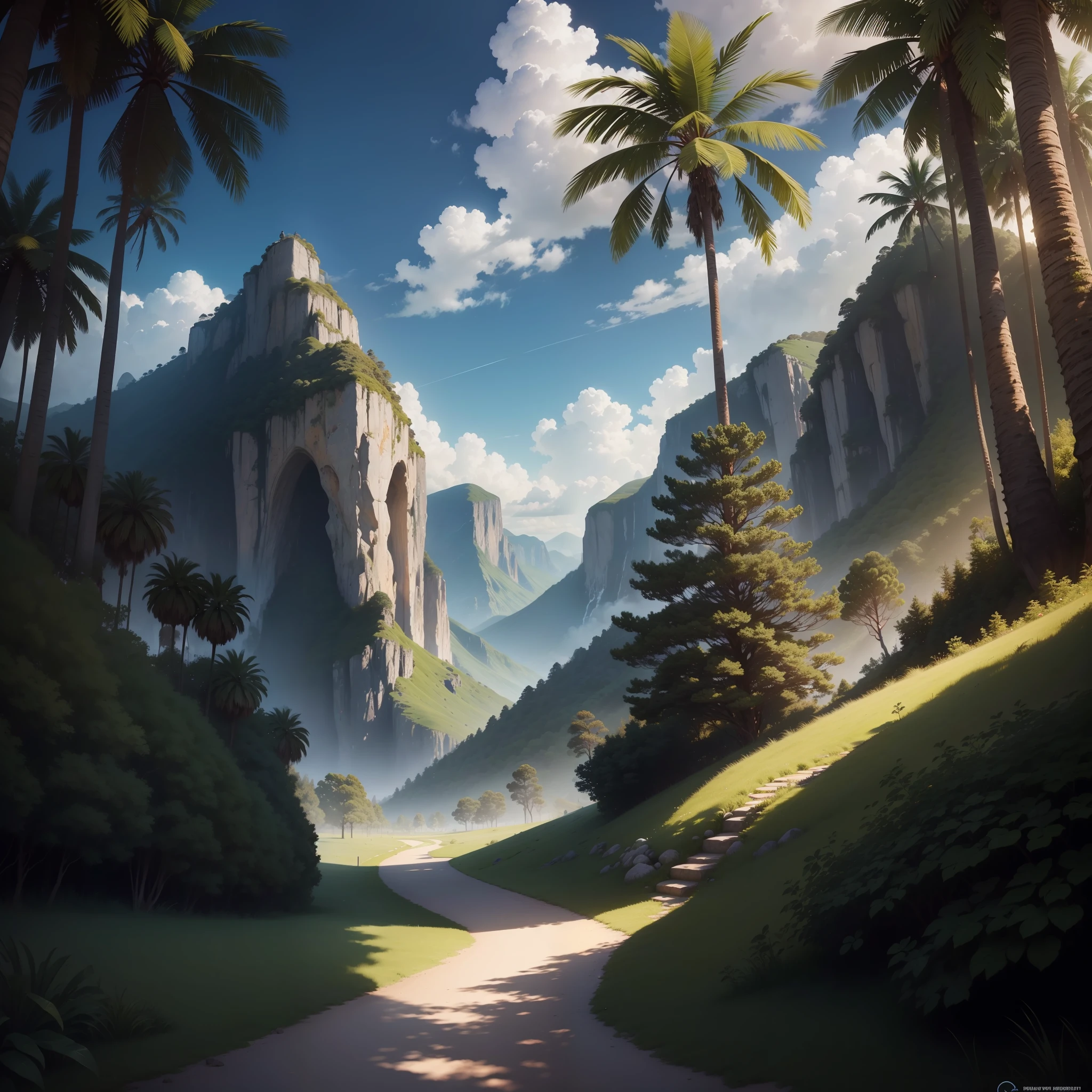 man, landscape, nature, mountains, paths, path, path to heavens, palm trees, alone, alone, straight path, natural view, divine, clouds, cloud, heavens, sky, sun, detailed sky, path to, back, manly, manly, manly, vigorous, strong, well dressed, tunic, decent, walk, run, path, beauty path, life path, nature, beautiful place, paradise, back, walking, looking at the straight path,  Direction photorealism, photorealistic, Ultra HD, 4K, detailed textures, futuristic colors, detailed colors,