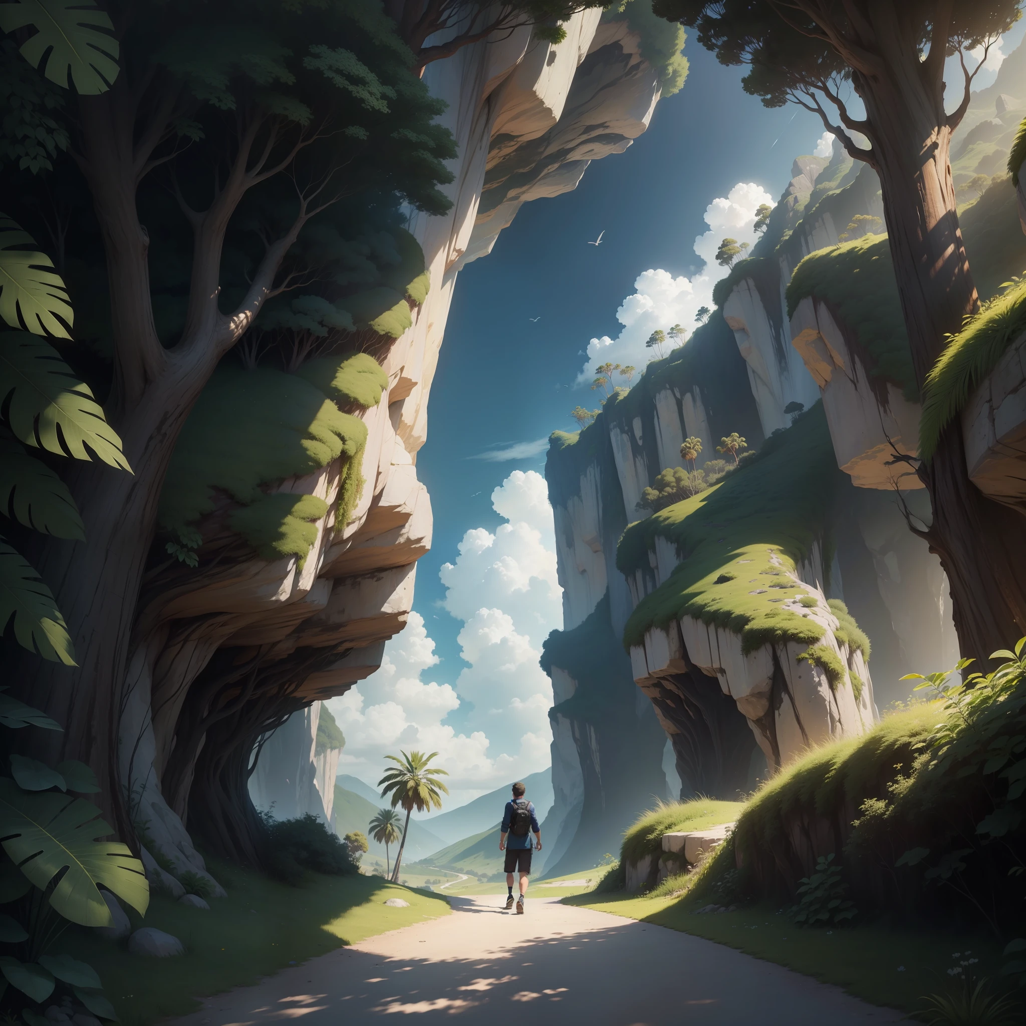 man, landscape, nature, mountains, paths, path, path to heavens, palm trees, alone, alone, straight path, natural view, divine, clouds, cloud, heavens, sky, sun, detailed sky, path to, back, manly, manly, manly, vigorous, strong, well dressed, tunic, decent, walk, run, path, beauty path, life path, nature, beautiful place, paradise, back, walking, looking at the straight path, Direction photorealism, photorealistic, Ultra HD, 4K, detailed textures, futuristic colors, detailed colors,