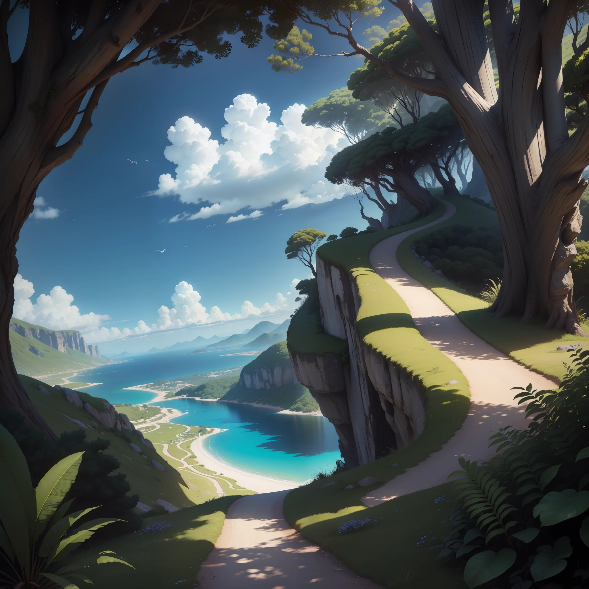 man, landscape, nature, mountains, paths, path, path to heavens, palm trees, alone, alone, straight path, natural view, divine, clouds, cloud, heavens, sky, sun, detailed sky, path to, back, manly, manly, manly, vigorous, strong, well dressed, tunic, decent, walk, run, path, beauty path, life path, nature, beautiful place, paradise, back, walking, looking at the straight path, Direction photorealism, photorealistic, Ultra HD, 4K, detailed textures, futuristic colors, detailed colors,