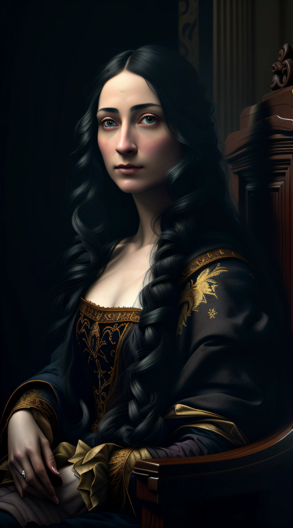 arafed woman with long black hair sitting in a chair, renaissance portrait, realistic renaissance portrait, renaissance digital painting, in a high renaissance style, renaissance oil portrait, classical portrait, fine art portrait photography, masterpiece portrait, epic and classy portrait, medieval portrait, in a renaissance style, chiaroscuro portrait, baroque portrait, elegant portrait, mysterious portrait of a woman