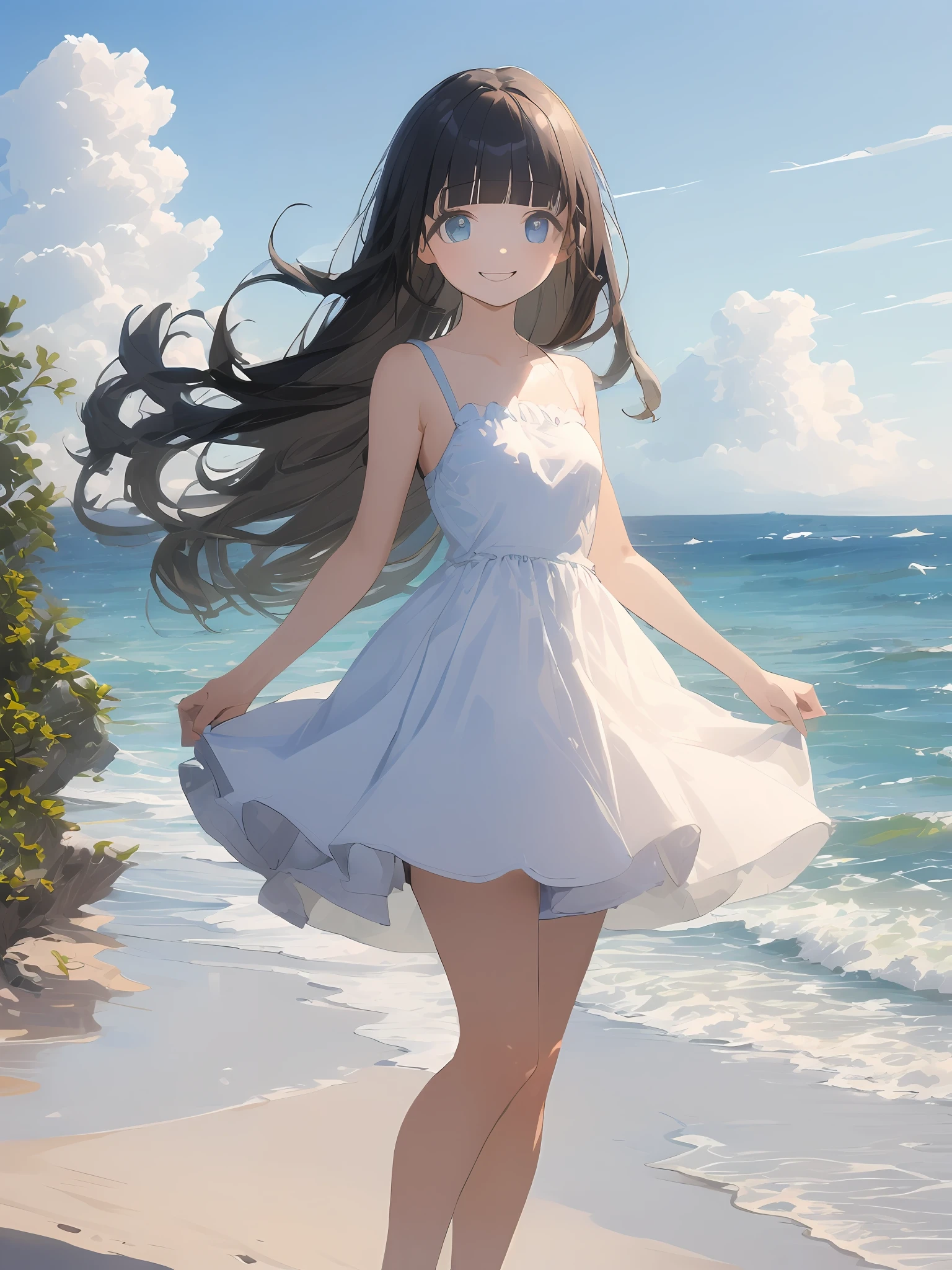 (masterpiece, best quality), 1girl, very long hair, solo, sidelocks, white dress, smile, blunt bangs, sundres, outdoors, black hair, ocean, beach, blue eyes, standing, sky, sleeveless dress, day, blush, small breasts, bare shoulders, cloud, legs, feets