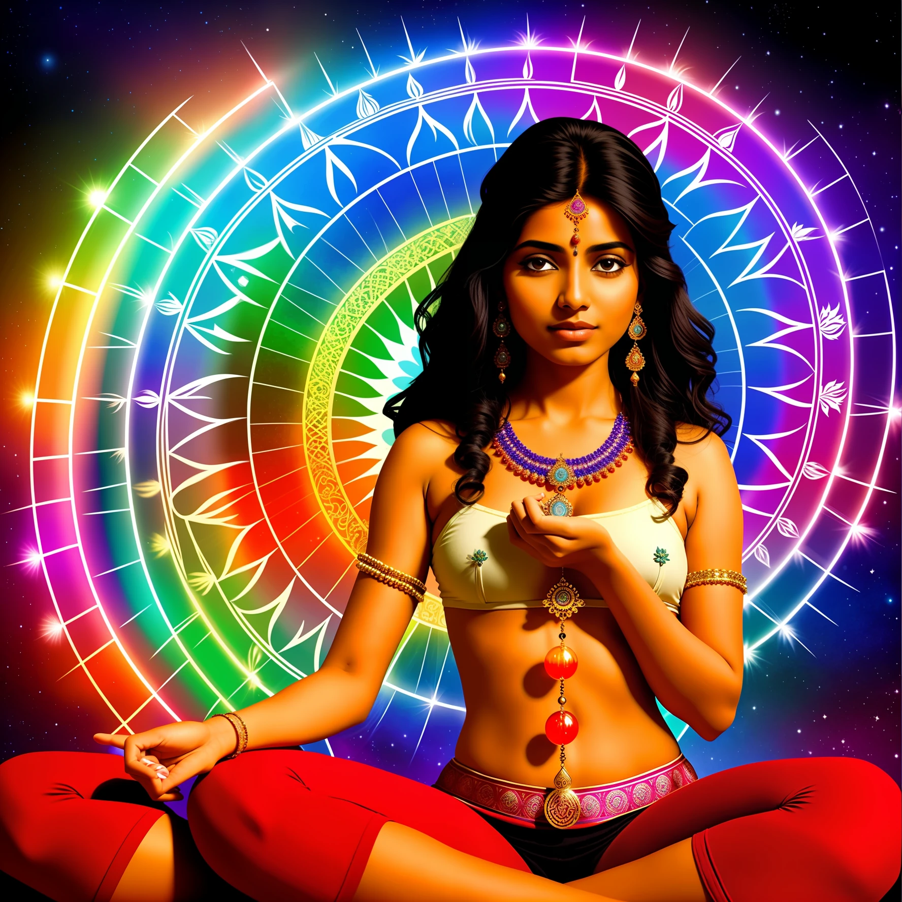 Indian woman showing chakras with mystical background