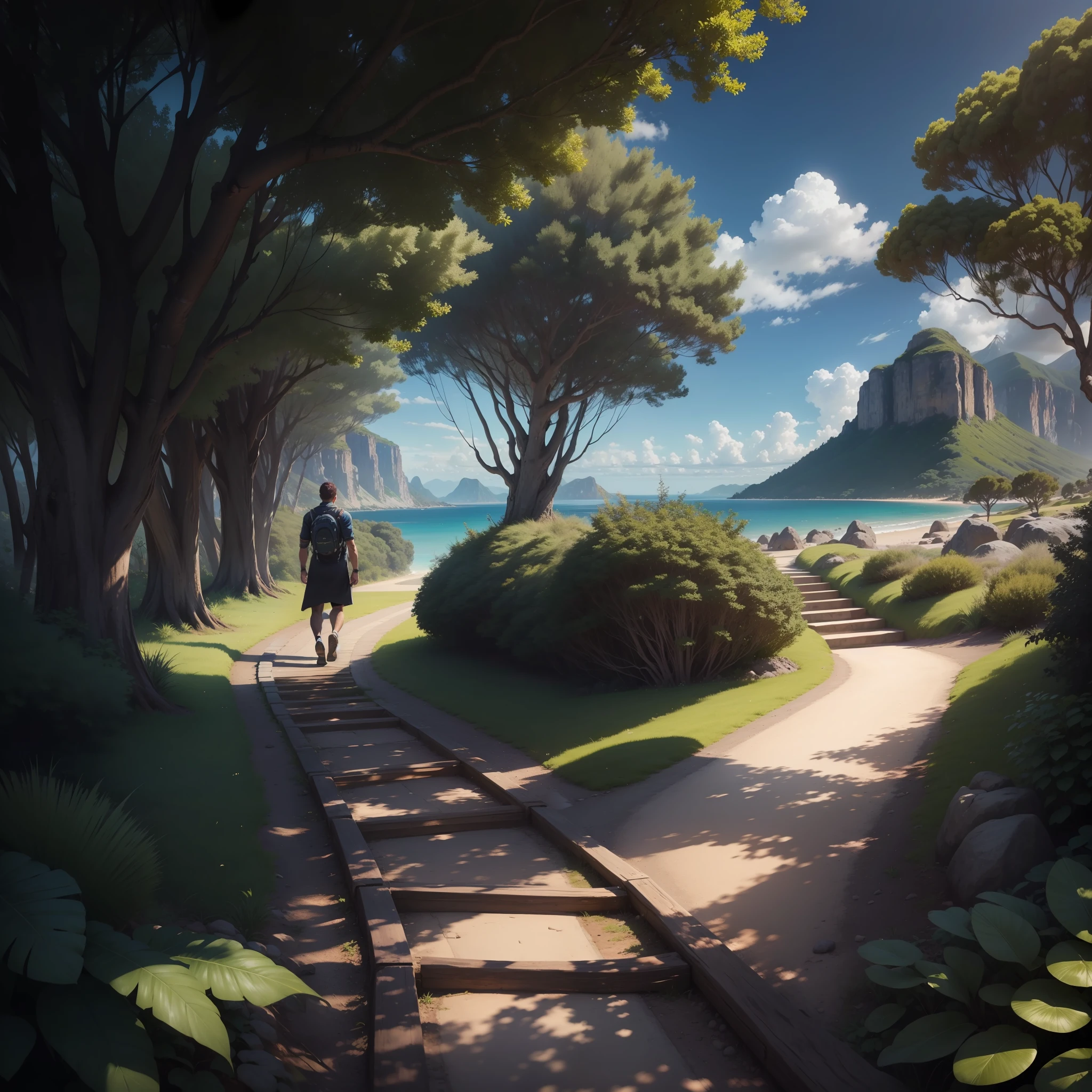 man, landscape, nature, mountains, paths, path, path to heavens, palm trees, alone, alone, straight path, natural view, divine, clouds, cloud, heavens, sky, sun, detailed sky, path to, back, manly, manly, manly, vigorous, strong, well dressed, tunic, decent, walk, run, path, beauty path, life path, nature, beautiful place, paradise, back, walking, looking at the straight path,  Direction photorealism, photorealistic, Ultra HD, 4K, detailed textures, futuristic colors, detailed colors,