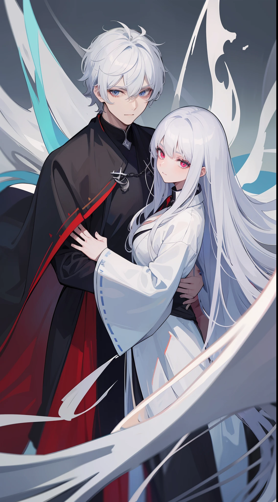 1man, sharp blue eyes with sharp pupils, white sharp hair and he was wearing black robes and lovely hug his red eyes wife((41 year old face))