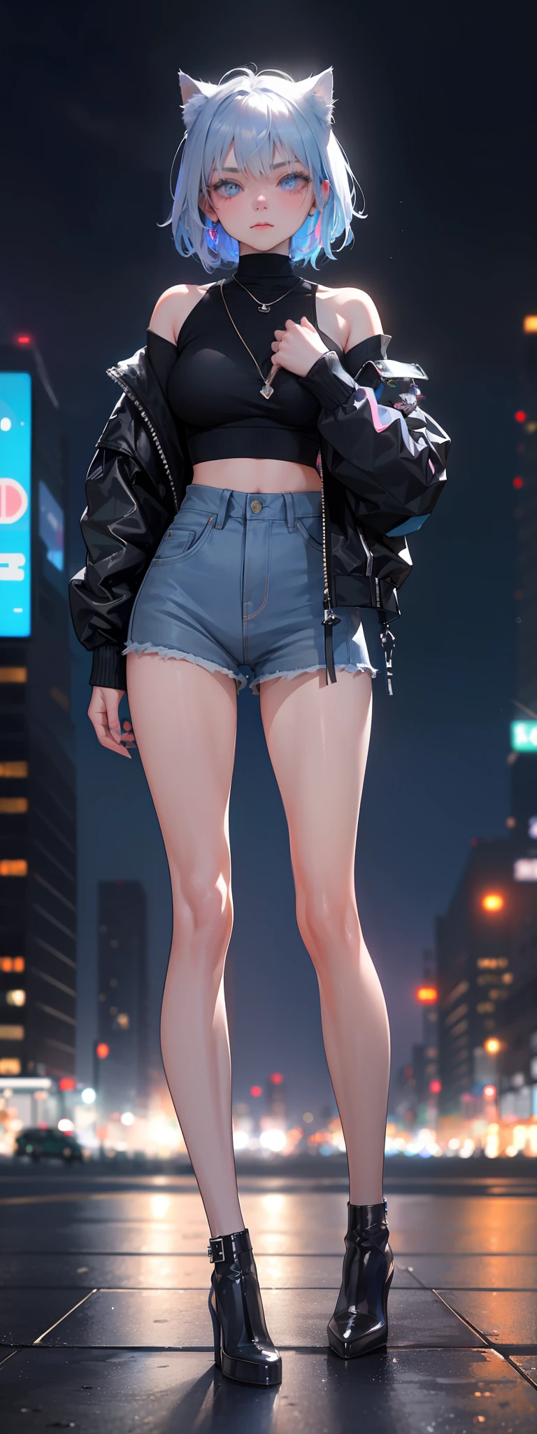 (best quality) a short and (ultra-detailed) blue-gray kitten with (cool twinkling) eyes stands confidently in front of a (blurry city) backdrop of neon lights and high-rise buildings in the distance. The contrast of the (fashionable) kitten against the heavily urban scene emphasizes the (arrogance).