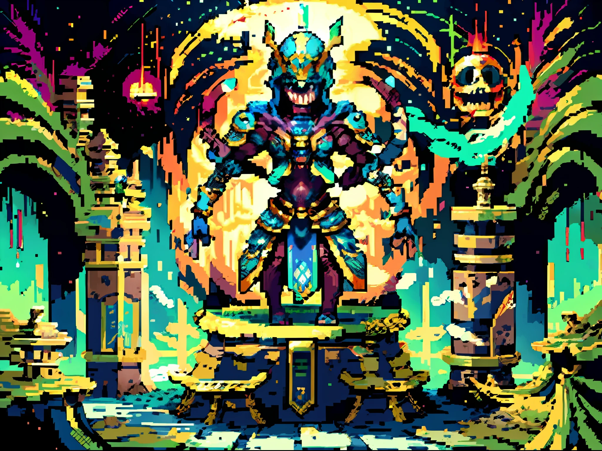 (((pixel art))), pixel style, a meeting of the underworld, 5 people of 5 different races sit around a round table, they are serious discussing a topic the table is of scrolls, souls, container orbs, floating tombstones, scales to measure the souls of the environment, WORK, 5 people are one wearing a hood or a hat that hides their face, a fleshless skeleton without any covering., a winged being like a fallen angel, with signs of Mesoamerican culture a skeleton BREAK fantasy, otherworldly fantasy, deep fantasy, happy atmosphere, BREAK, detailed, realistic, highly detailed 4k digital art, octane rendering, bioluminescent, BREAK 8K resolution concept art, realism, by Mappa studios, masterpiece, best quality, official art, illustration, ligne claire, (cool_color), perfect composition, absurdities, fantasy, focused, rule of thirds