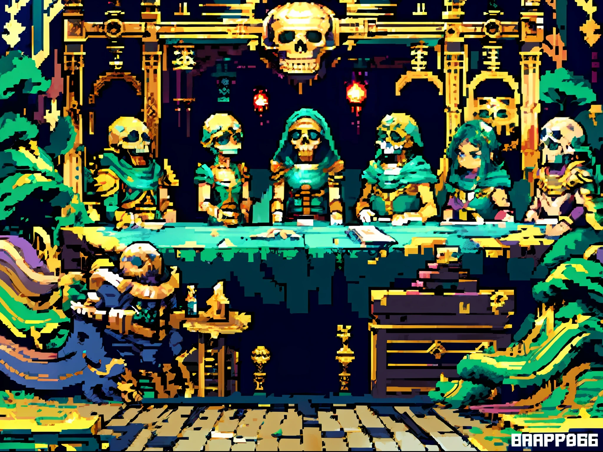 (((pixel art))), pixel style, a meeting of the underworld, 5 people of 5 different races sit around a round table, they are serious discussing a topic the table is of scrolls, souls, container orbs, floating tombstones, scales to measure the souls of the environment, WORK, 5 people are one wearing a hood or a hat that hides their face, a fleshless skeleton without any covering., a winged being like a fallen angel, with signs of Mesoamerican culture a skeleton BREAK fantasy, otherworldly fantasy, deep fantasy, happy atmosphere, BREAK, detailed, realistic, highly detailed 4k digital art, octane rendering, bioluminescent, BREAK 8K resolution concept art, realism, by Mappa studios, masterpiece, best quality, official art, illustration, ligne claire, (cool_color), perfect composition, absurdities, fantasy, focused, rule of thirds