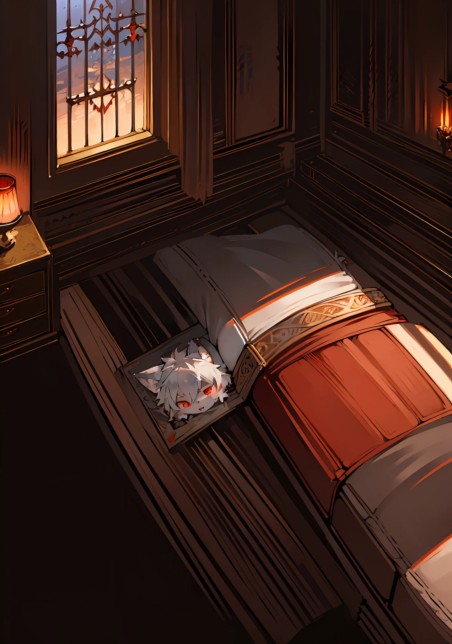 (dark environment:0.8),masterpiece, high quality, absurd res, digital painting \(artwork\), by dagasi, yupa,kiyosan,(anthro,fluffy fur,character focus:1.1),anthro male cat,short hair,portrait, bright eyes,panorama,character focus.(detailed background:0.7),solo,furry,furry male ,male focus,anthr,(Full body fur, fluffy tail, white fur,red eyes,gray hair:1.2),(long canines,vampire, cape:1.2),(interior,night, castle, coffin:1.1)