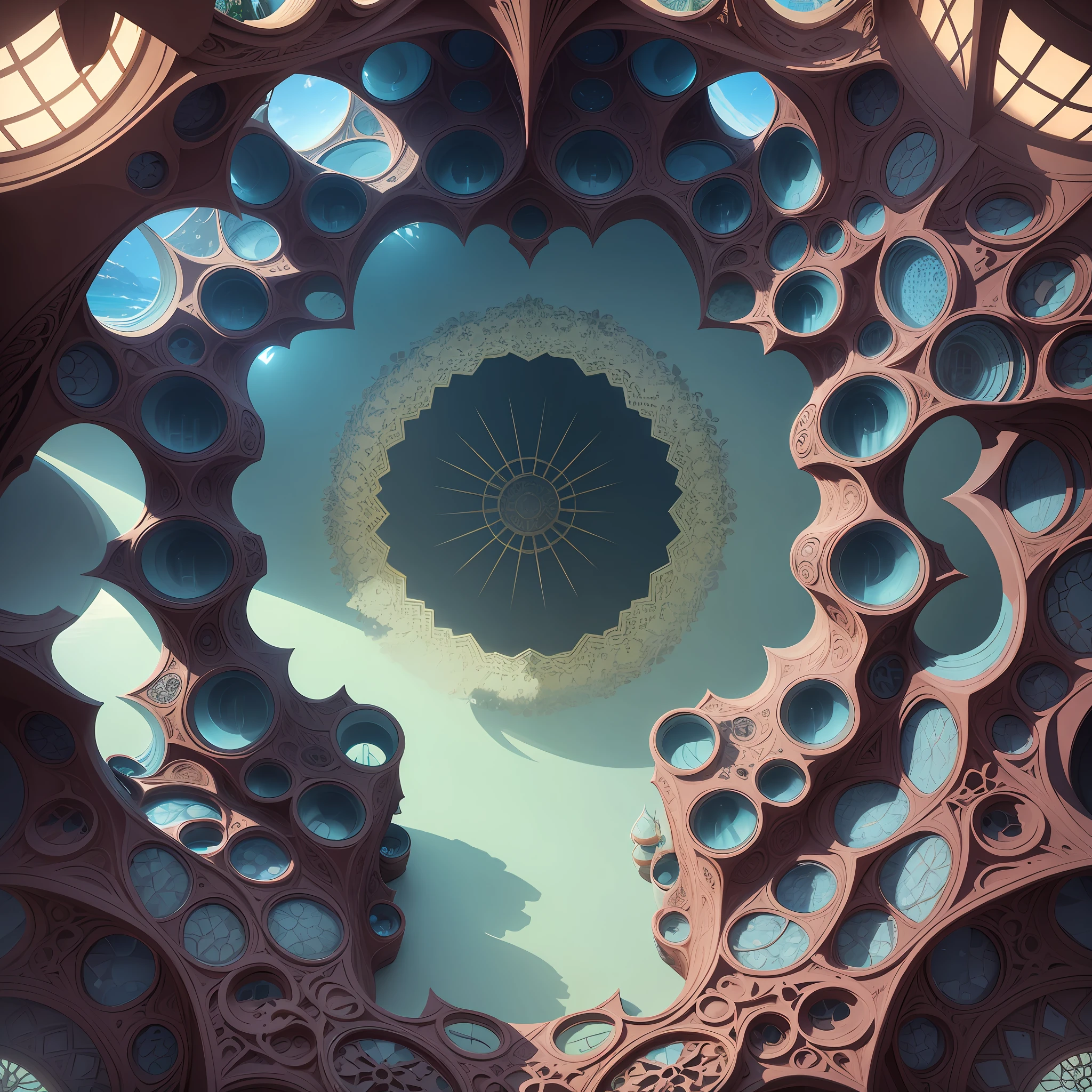 Futuristic Islamic architecture design of cave architecture concept art on desert oasis, islamic architecture, proportional,detailed, cave architecture nature meets futuristic architecture by Toyo Ito ,residential area, futuristic development, high rise balconies, full of rock and glass facades, residential spaces carved from cliff side ,trending on artstation, beautiful lighting,In the style of Arabic calligraphy masterpiece, fantasy, intricate, award winning, 4k, highest quality render --auto --s2