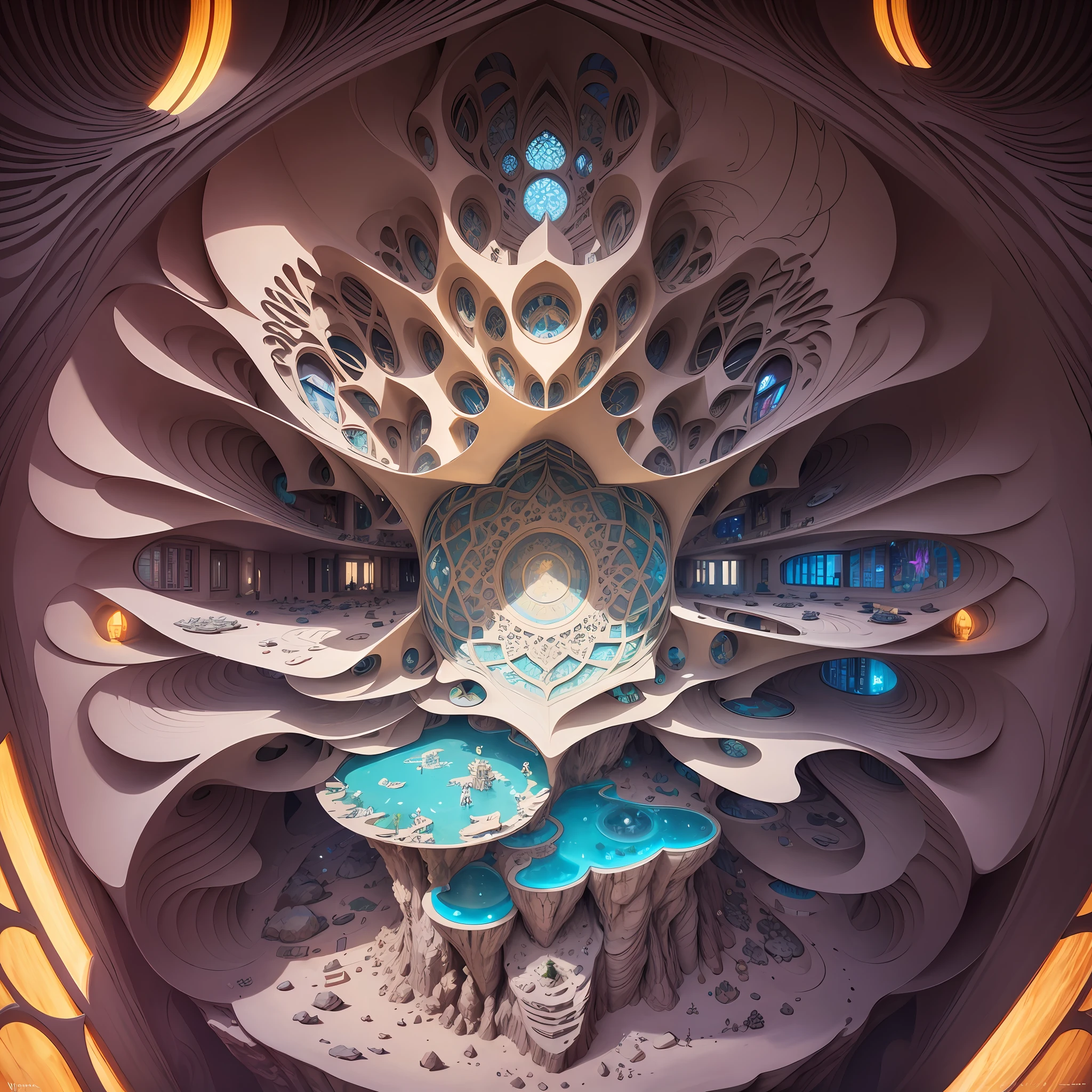 Futuristic Islamic architecture design of cave architecture concept art on desert oasis, islamic architecture, proportional,detailed, cave architecture nature meets futuristic architecture by Toyo Ito ,residential area, futuristic development, high rise balconies, full of rock and glass facades, residential spaces carved from cliff side ,trending on artstation, beautiful lighting,In the style of Arabic calligraphy masterpiece, fantasy, intricate, award winning, 4k, highest quality render --auto --s2
