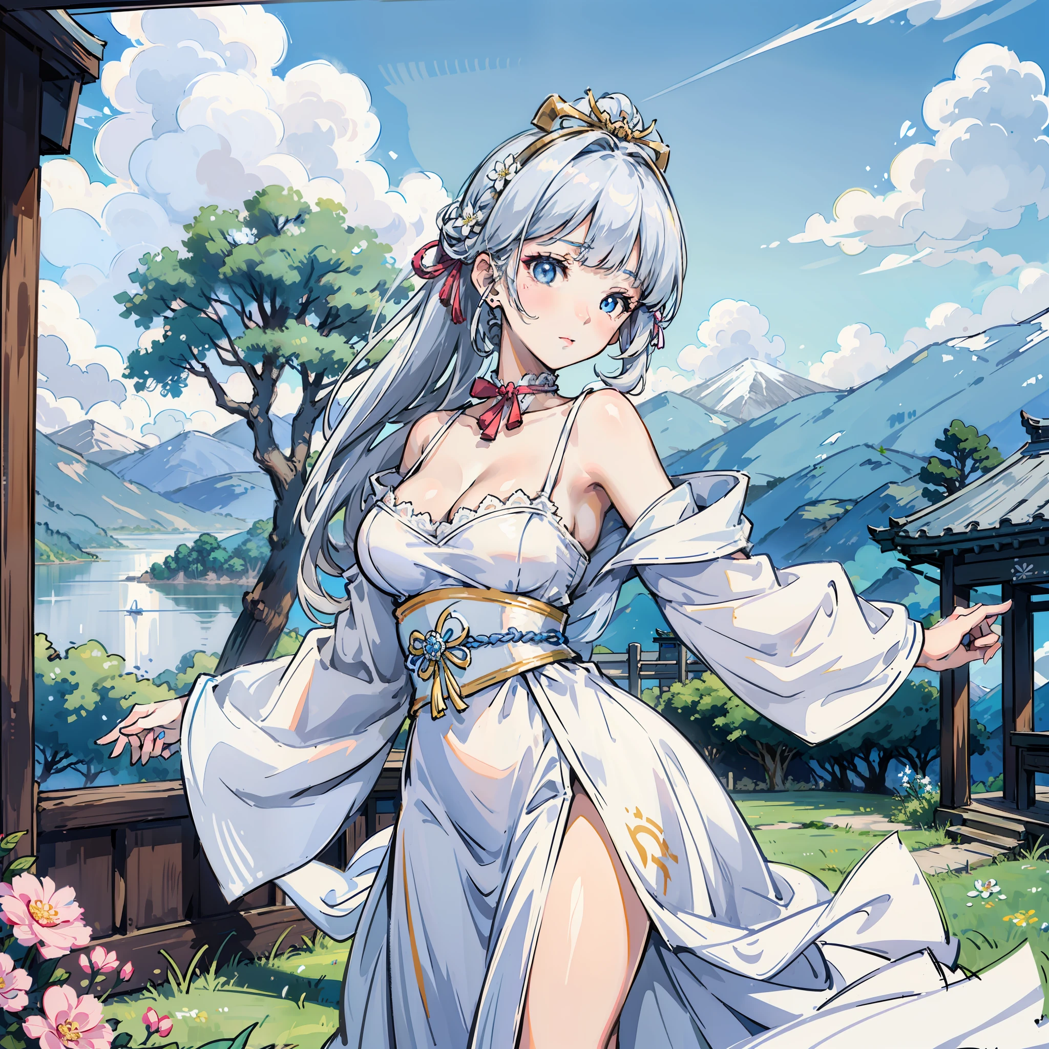 Kamisato Ayaka, beautiful girl, big breasts, dressed in a white bra, white thong, blue eyes, silver hair, temple in the background, mountains, nature, clouds, stands relaxed, looks at the viewer, winks, flowers, gate